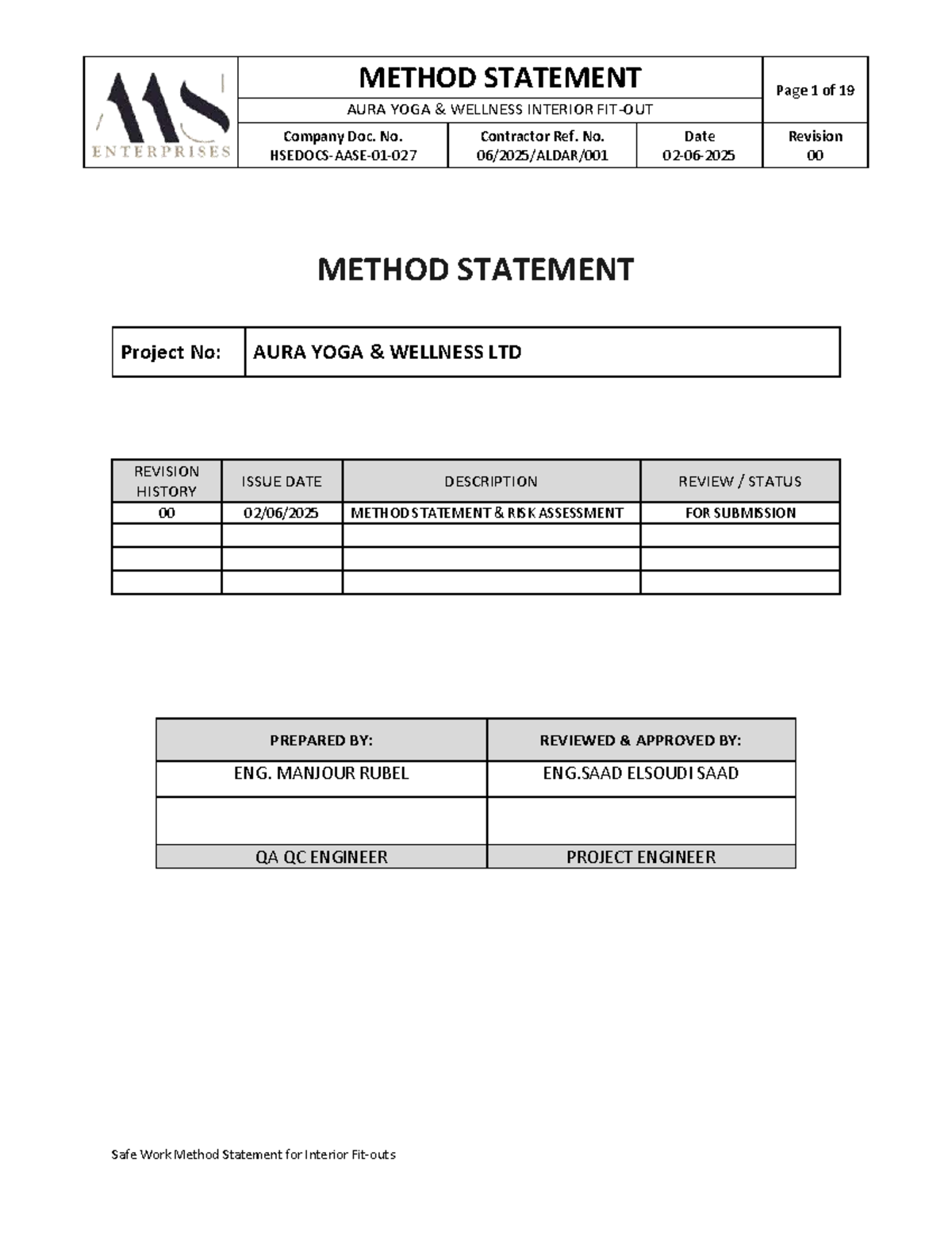 Safe Work Method Statement & Risk Assessment for AURA YOGA WELLNESS ...