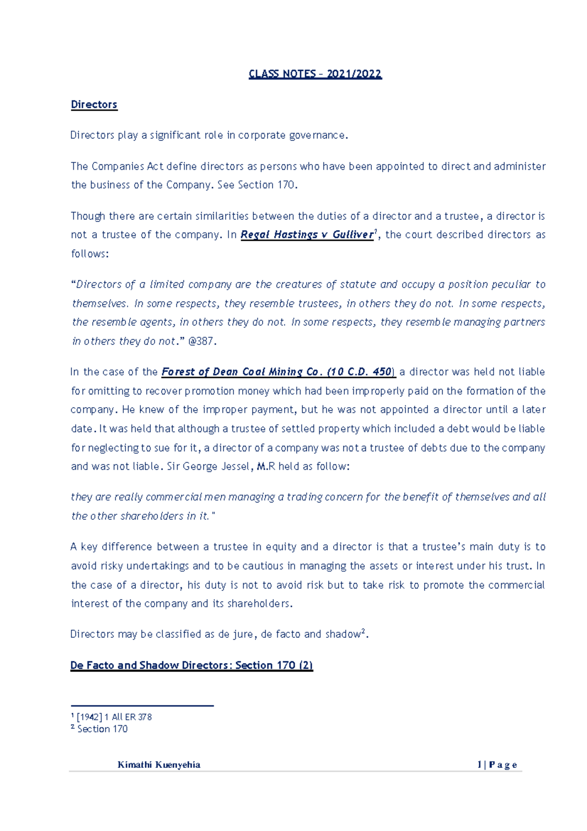 Directors Lecture Notes (2021-2022) on Corporate Governance - Studocu