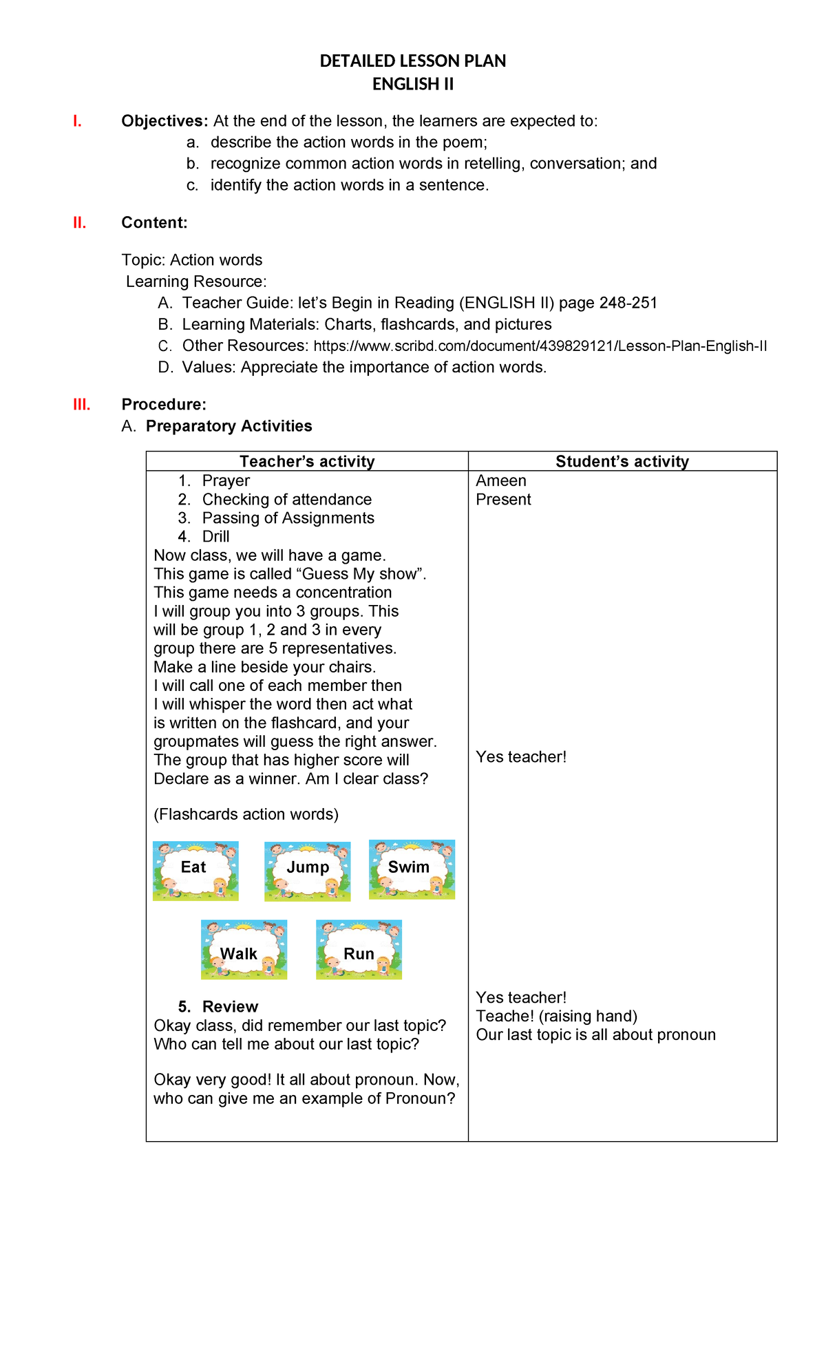 439829121 Detailed Lesson Plan for Action Words in English II - Studocu