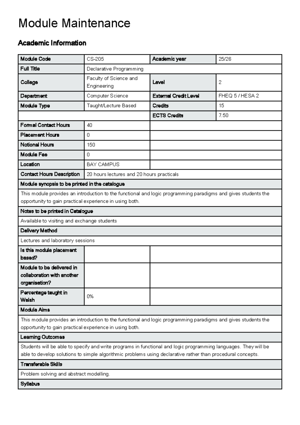 Cs205 syllabus - Module Maintenance Academic Information Module Code CS ...