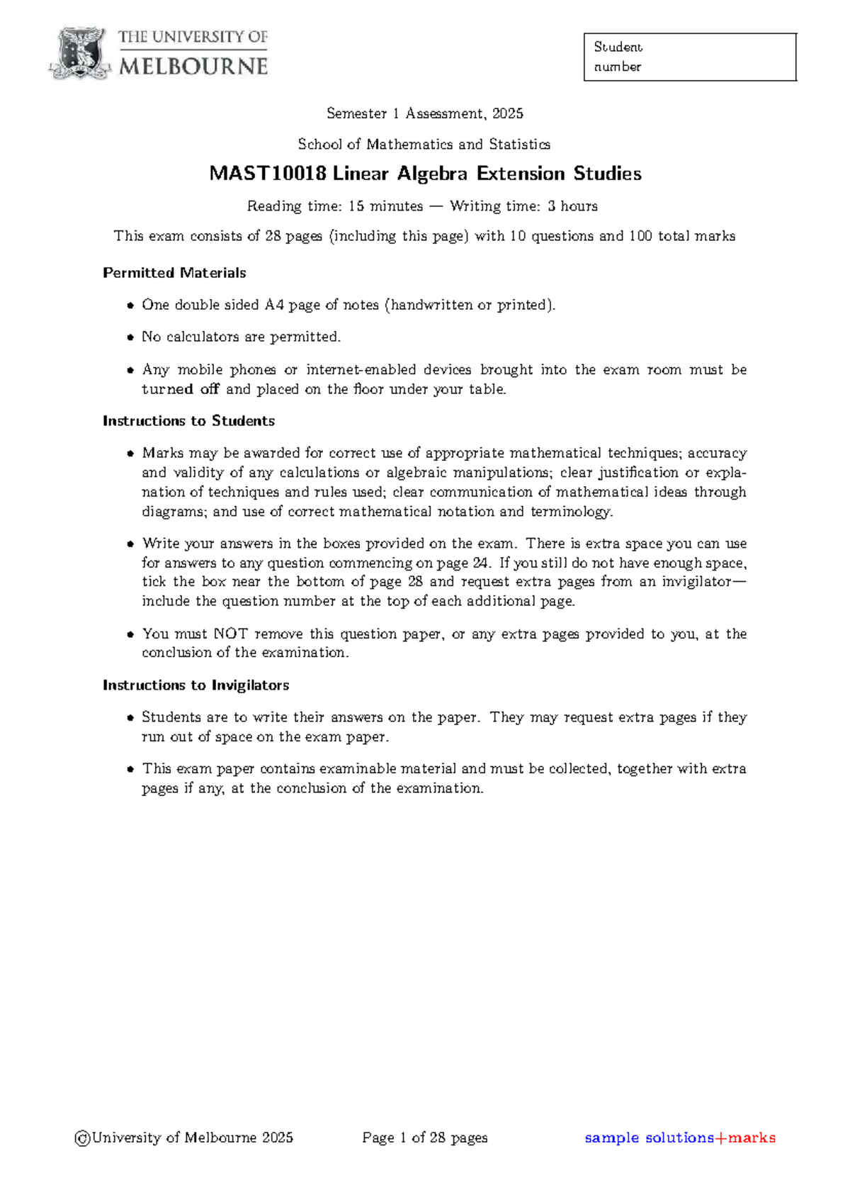MAST10018 Linear Algebra Exam Solutions - Semester 1, 2025 - Studocu