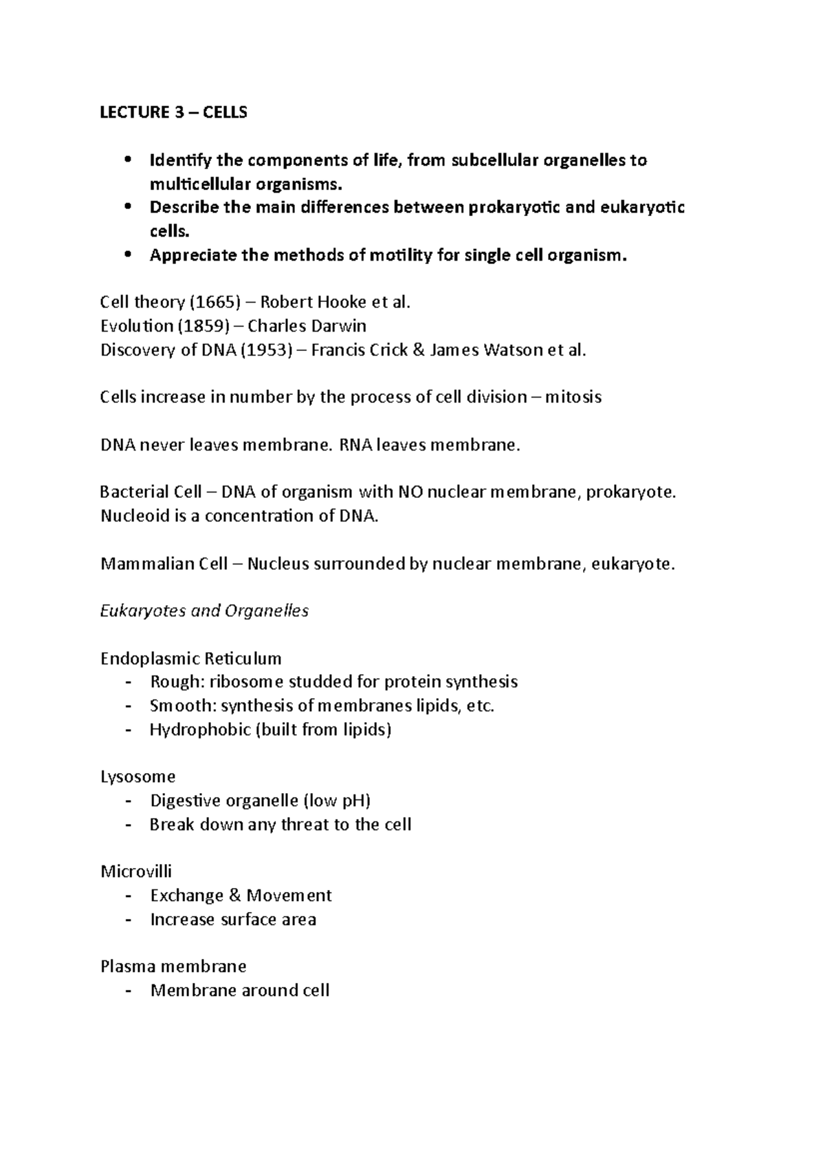 Lecture 3 - Cells: Structure, Function & Motility in Eukaryotes - Studocu