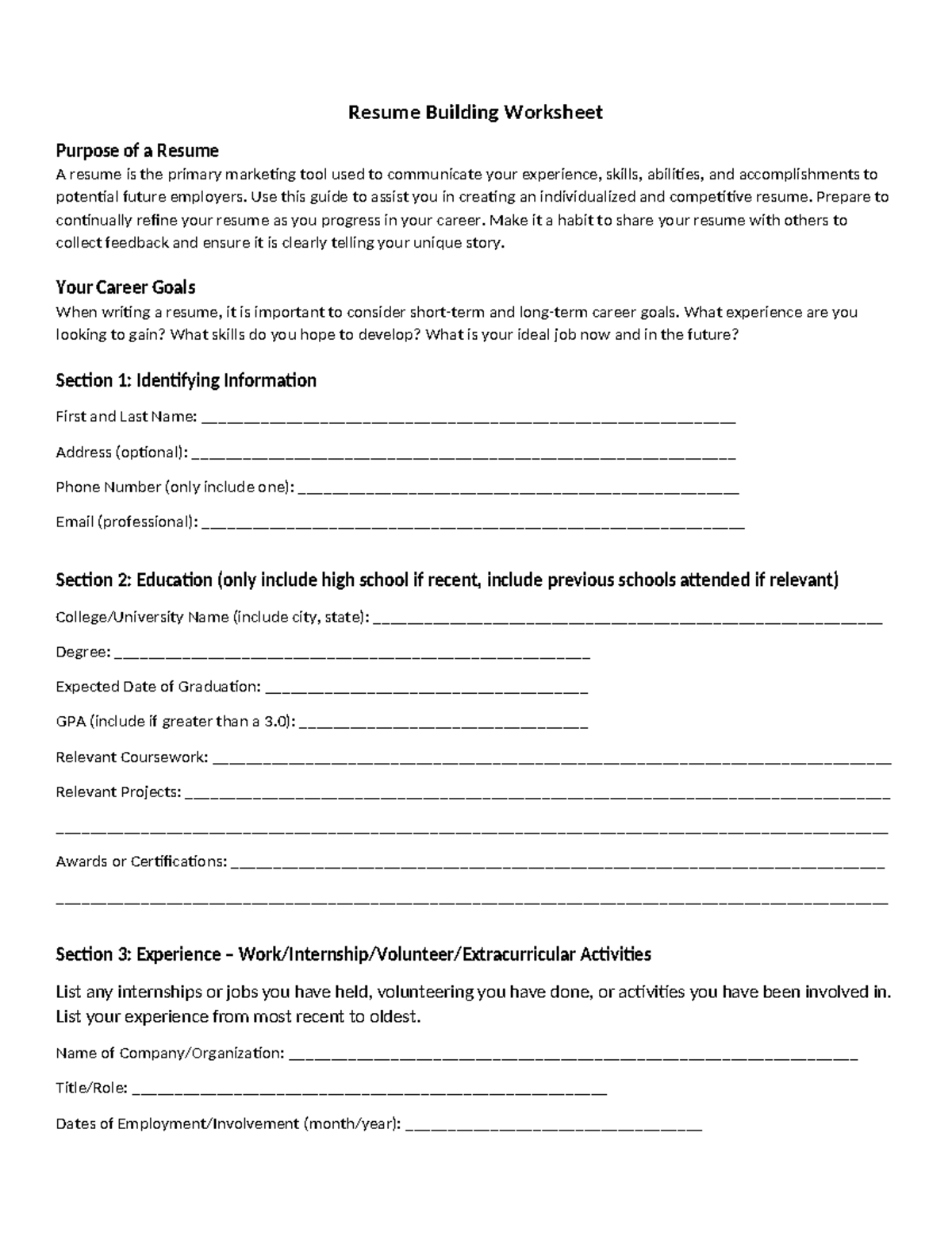 Resume Building Worksheet