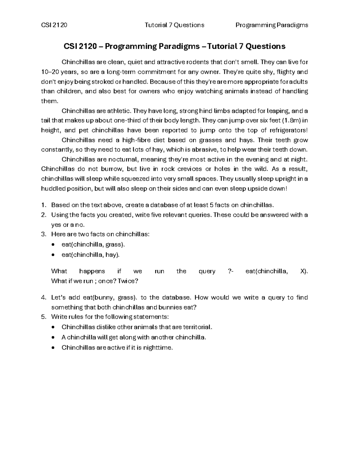 Tutorial 7 Questions - Prolog - CSI 2120 Tutorial 7 Questions ...
