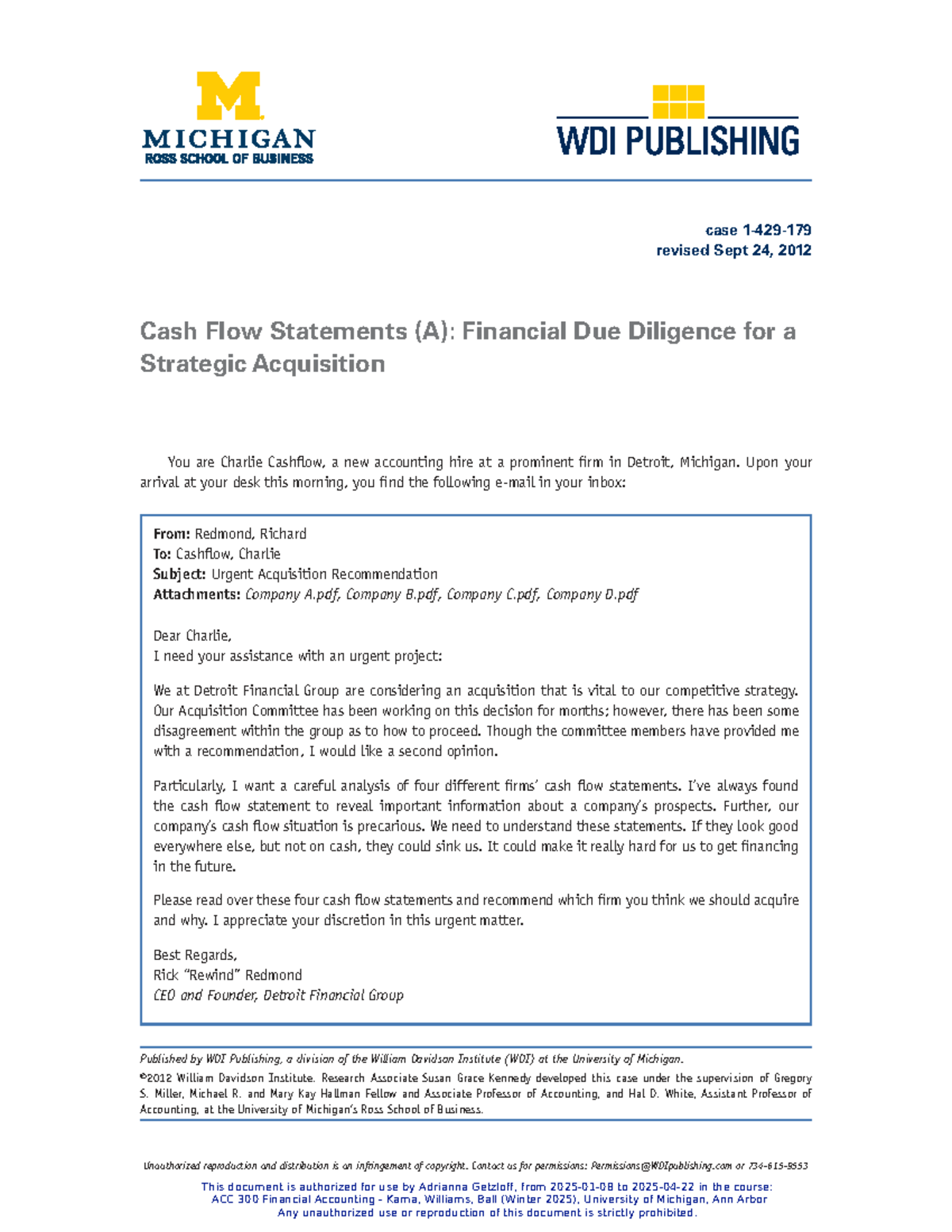 Cash Flow Statements (A): Financial Due Diligence for Acquisition - ACC ...