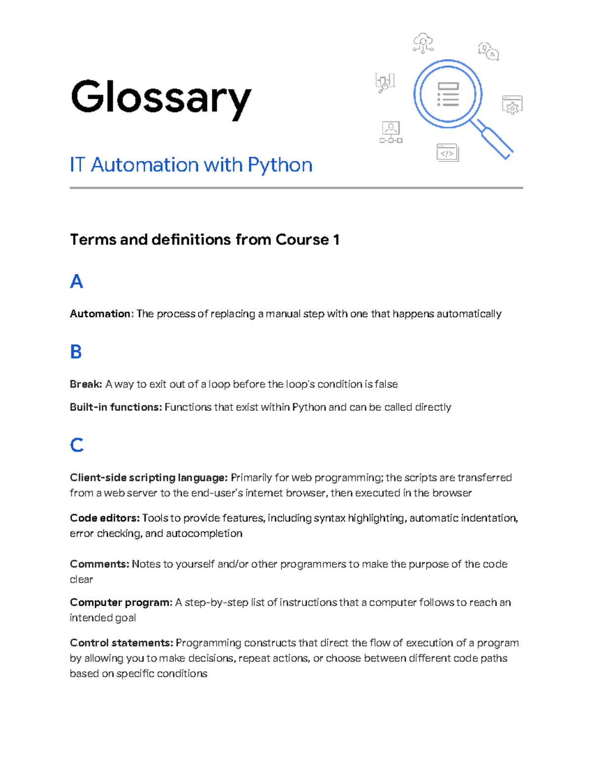 Glossary of IT Automation Terms in Python - Course 1 - Studocu