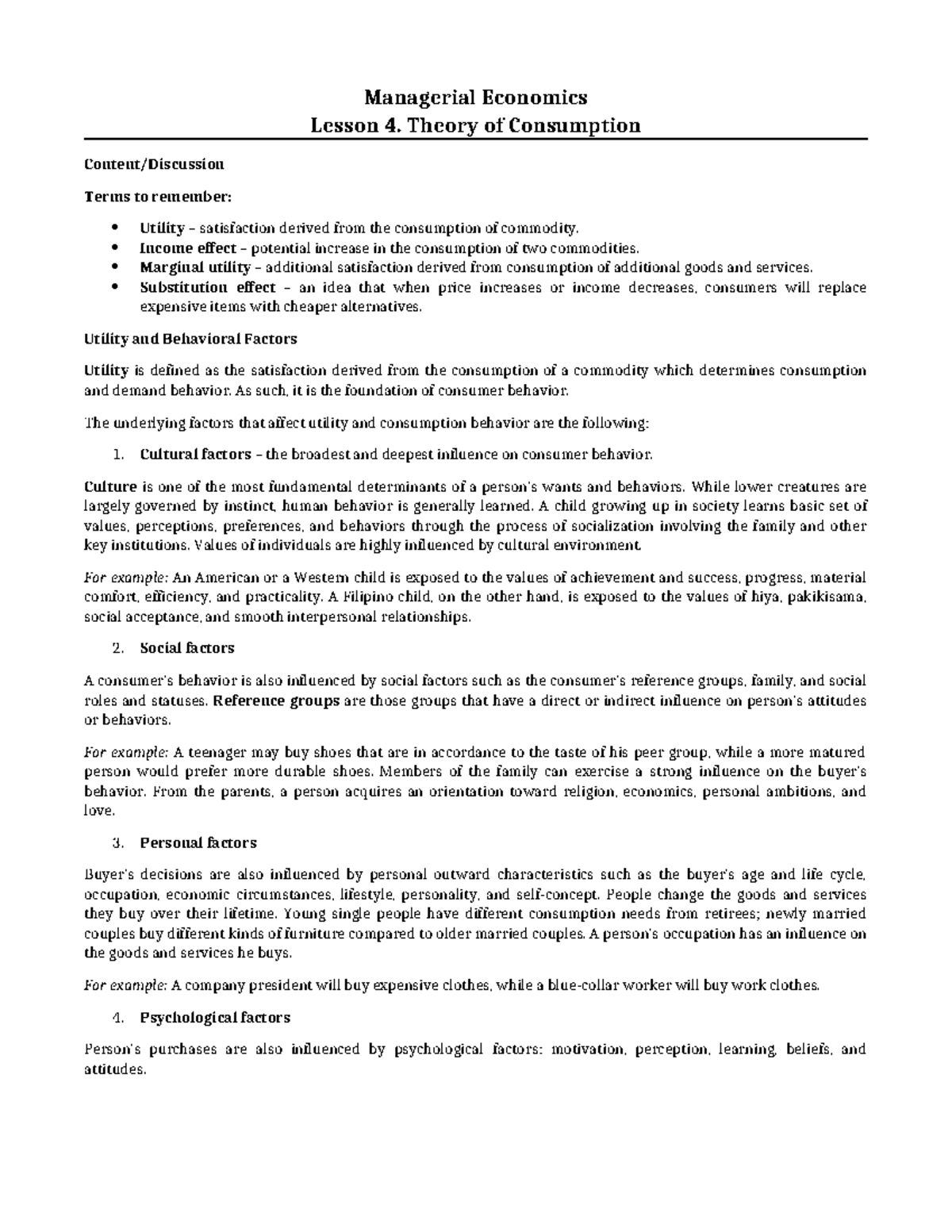 Managerial Economics (ME 101) Lesson 4: Understanding Consumption ...