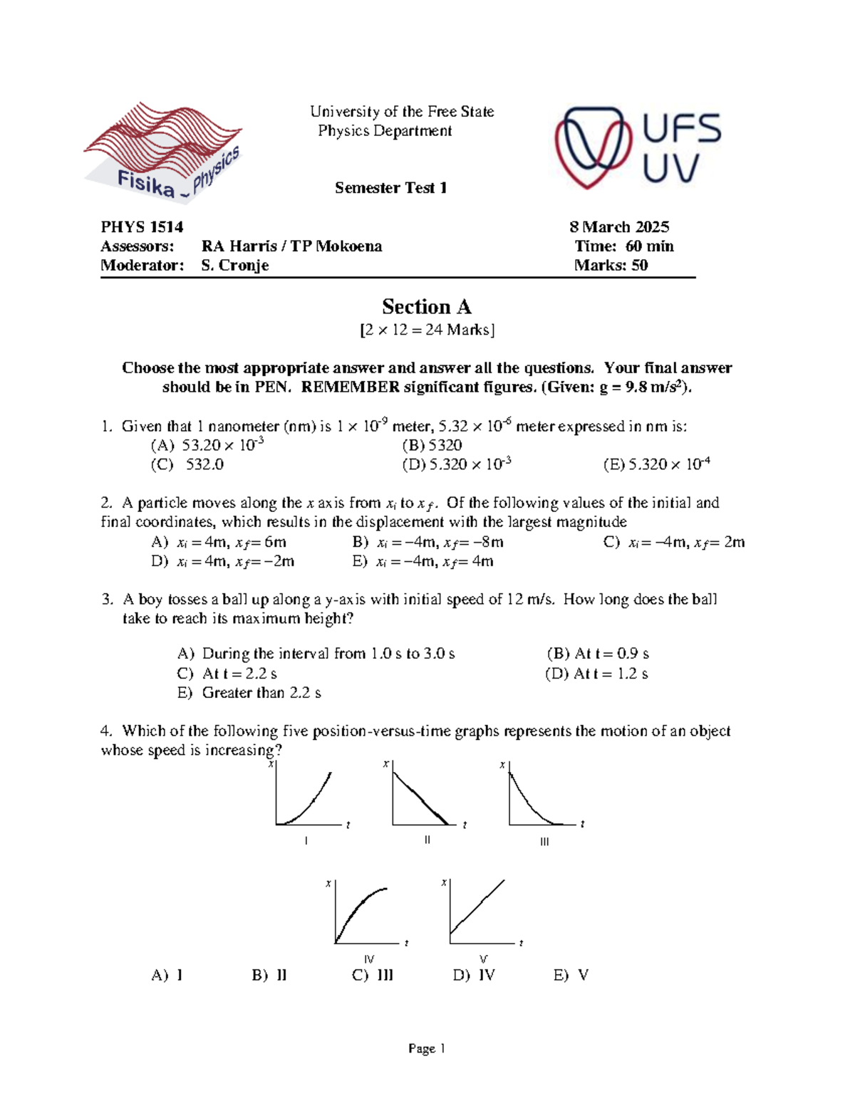 2025 PHYS 1514 Semester Test 1 - Physics Department Exam - Studocu