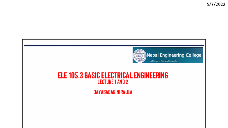 ELE 105.3 BASIC ELECTRICAL ENGINEERING LECTURES 1 & 2 NOTES - Studocu