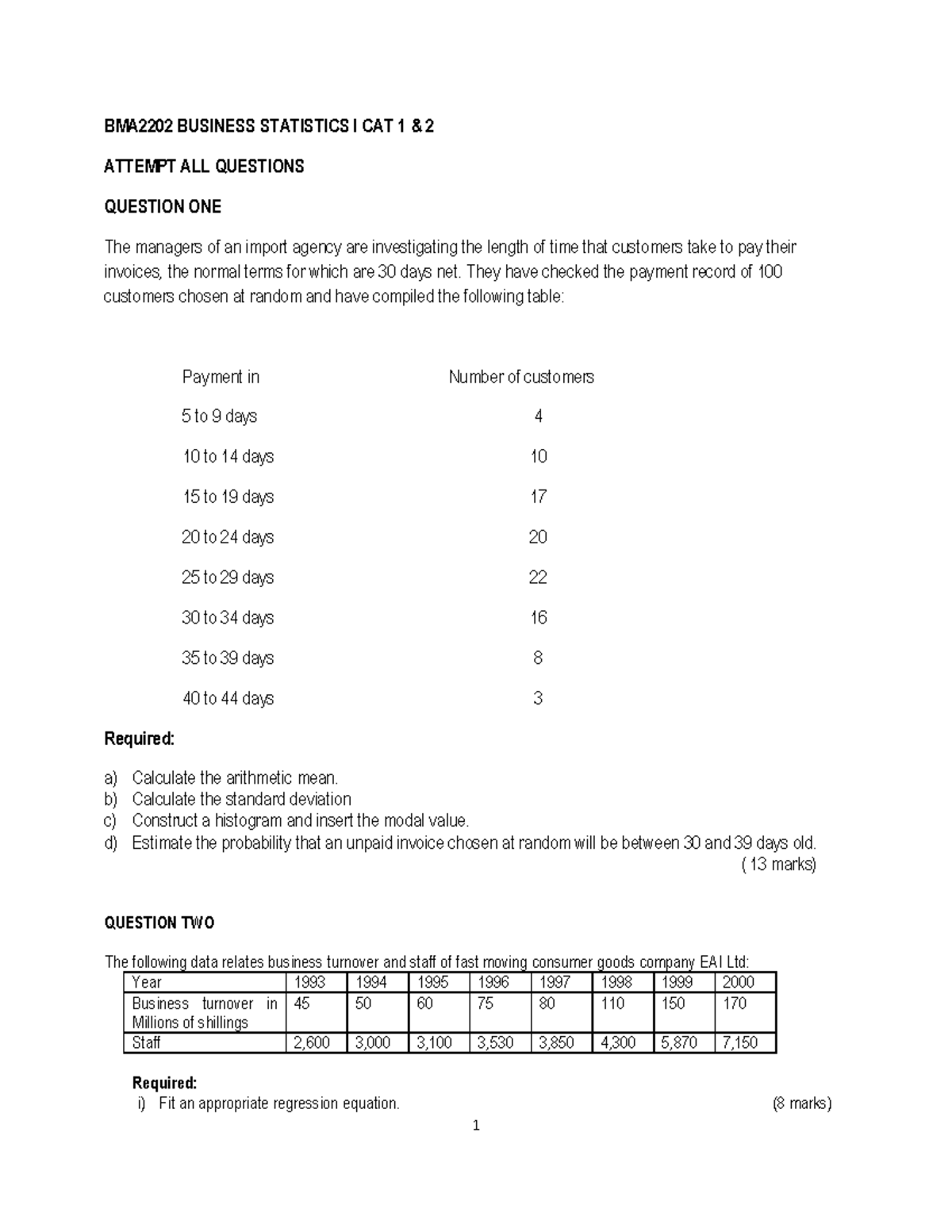 Business Statistics I question assignments tables - BMA2202 BUSINESS ...