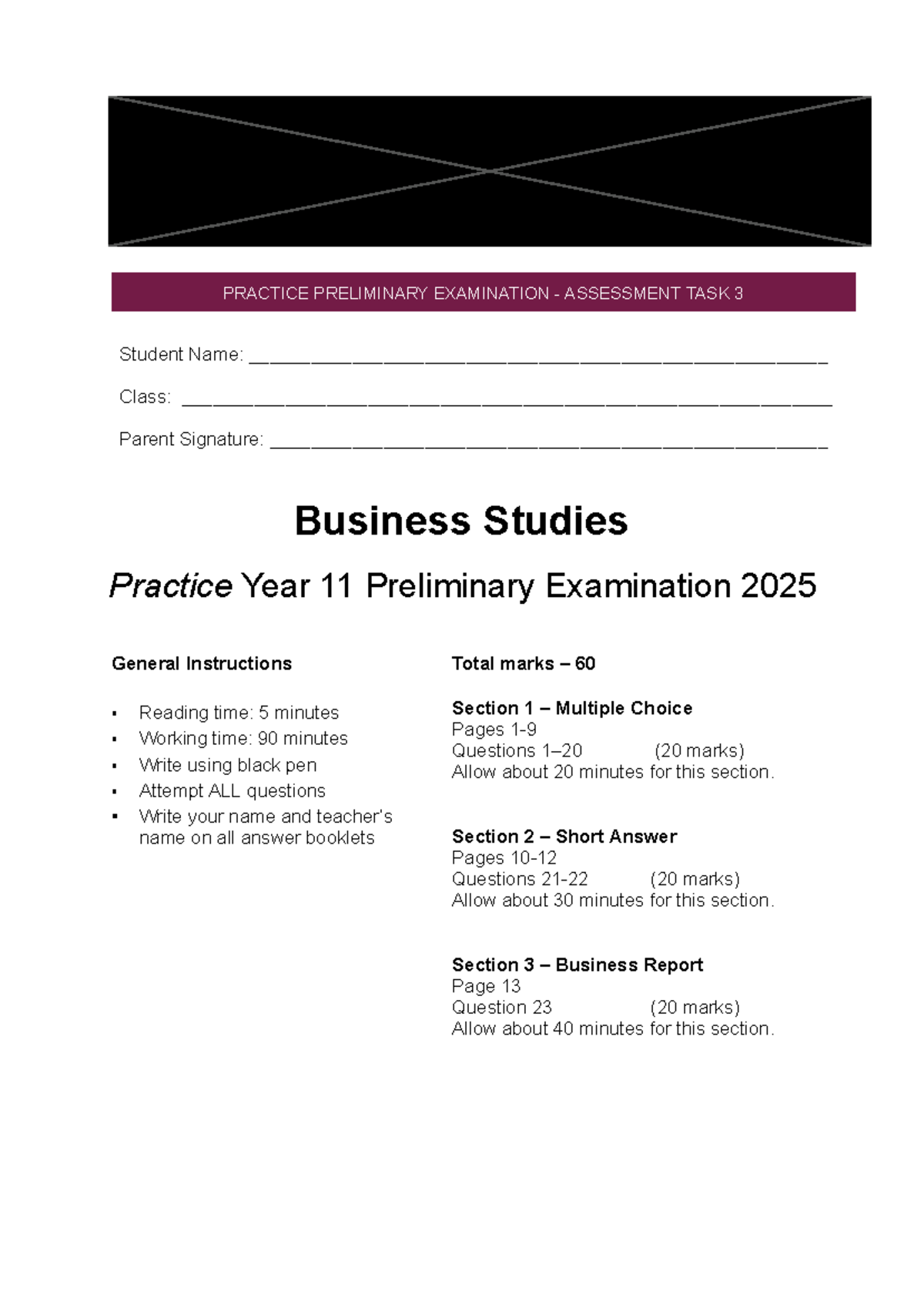 Business Studies Year 11 Preliminary Exam 2025 - Practice Assessment ...