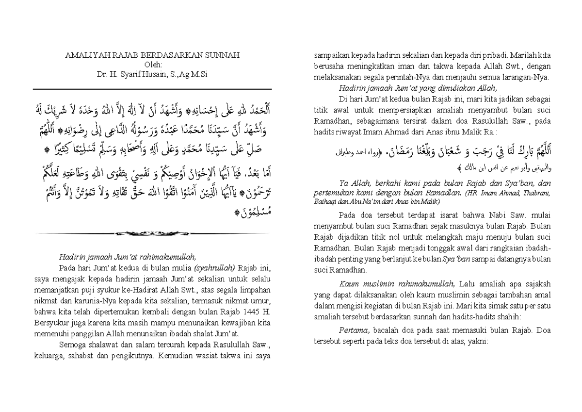 Khutbah Jum'at: Amaliyah Rajab Berdasarkan Sunnah - Studocu