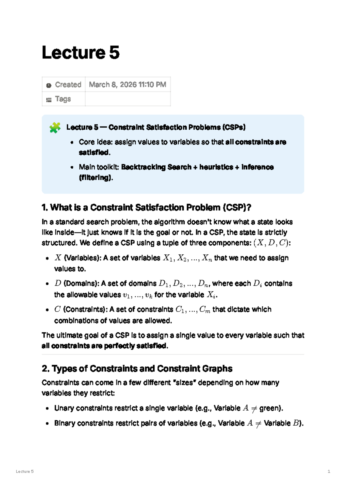 Lecture 5: Constraint Satisfaction Problems (CSPs) Overview - Studocu