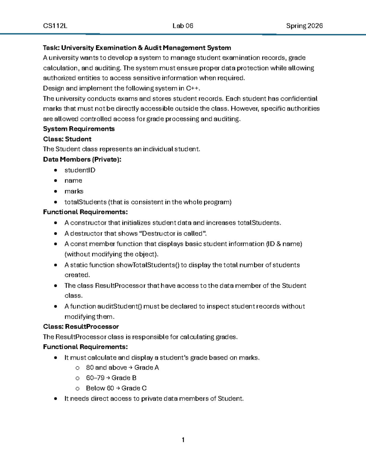 CS112L Lab 06 Spring 2026: Exam Audit Management System Design - Studocu