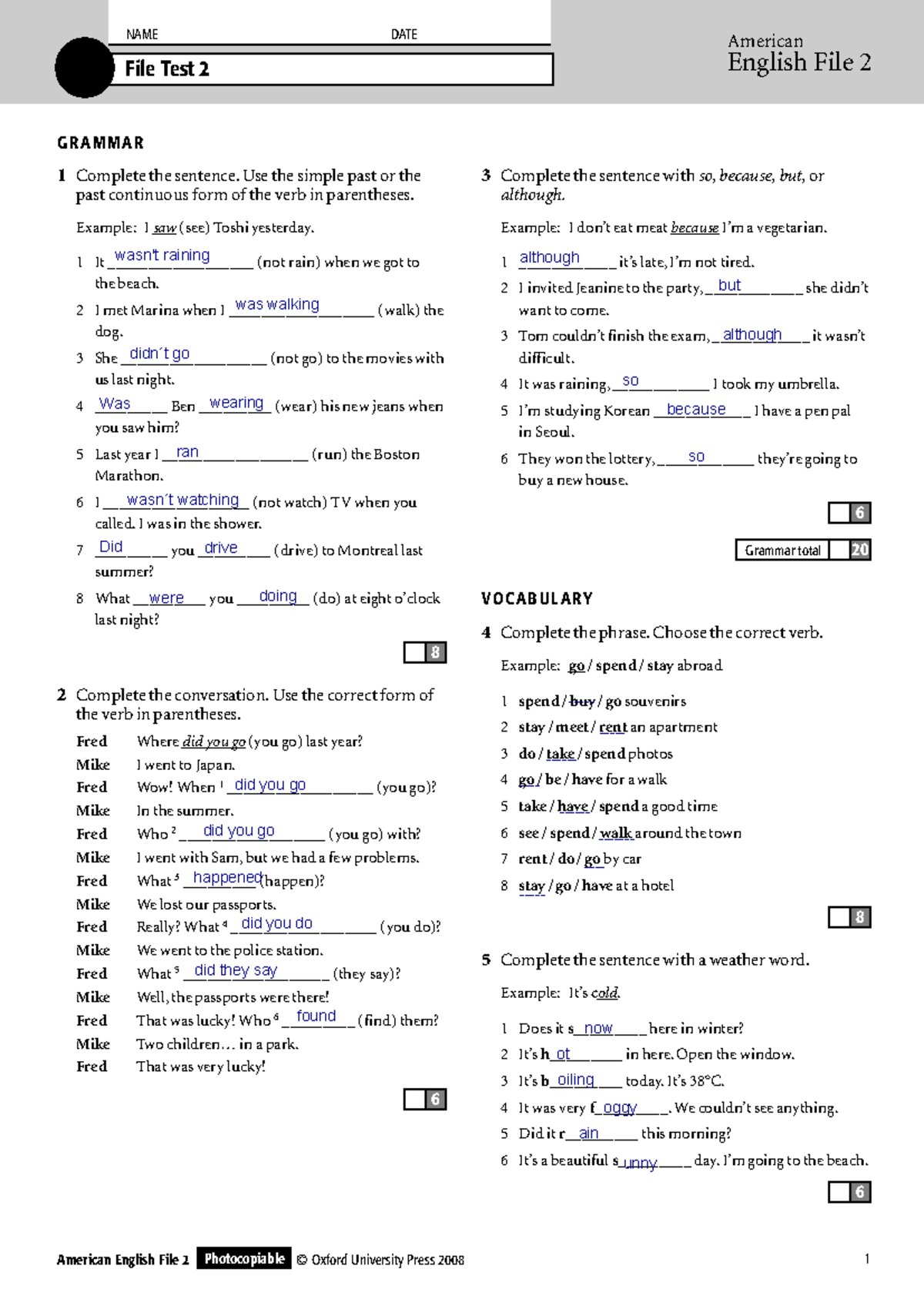 AEF 2 File Test 2 - Grammar, Vocabulary & Pronunciation Review - Studocu