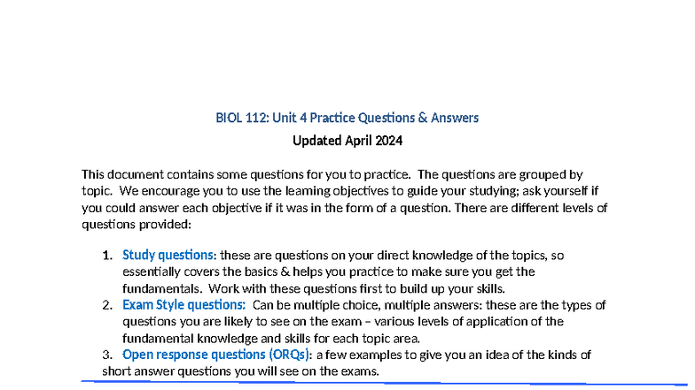 BIOL 112: Unit 4 Practice Questions and Answers (Updated April 2024 ...