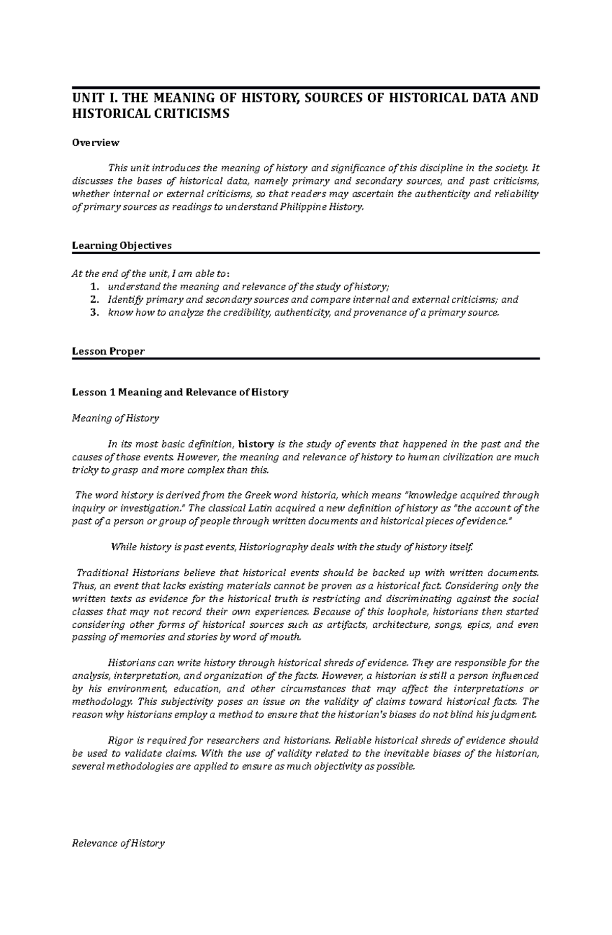 UNIT 1: MEANING OF HISTORY, HISTORICAL SOURCES & CRITICISMS - Studocu