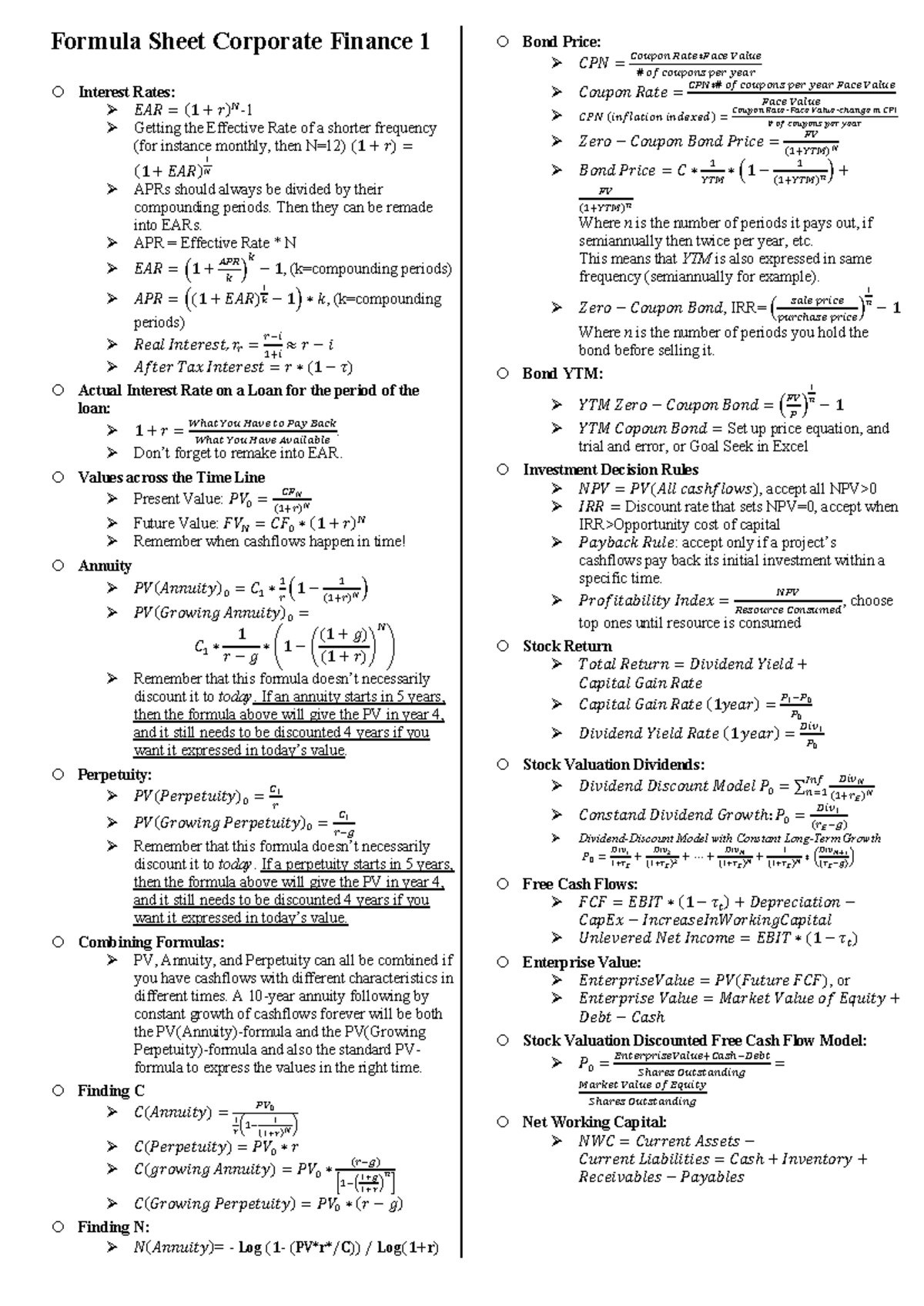 Formula Sheet CF1 2026 - Key Concepts on Interest Rates and Valuation ...
