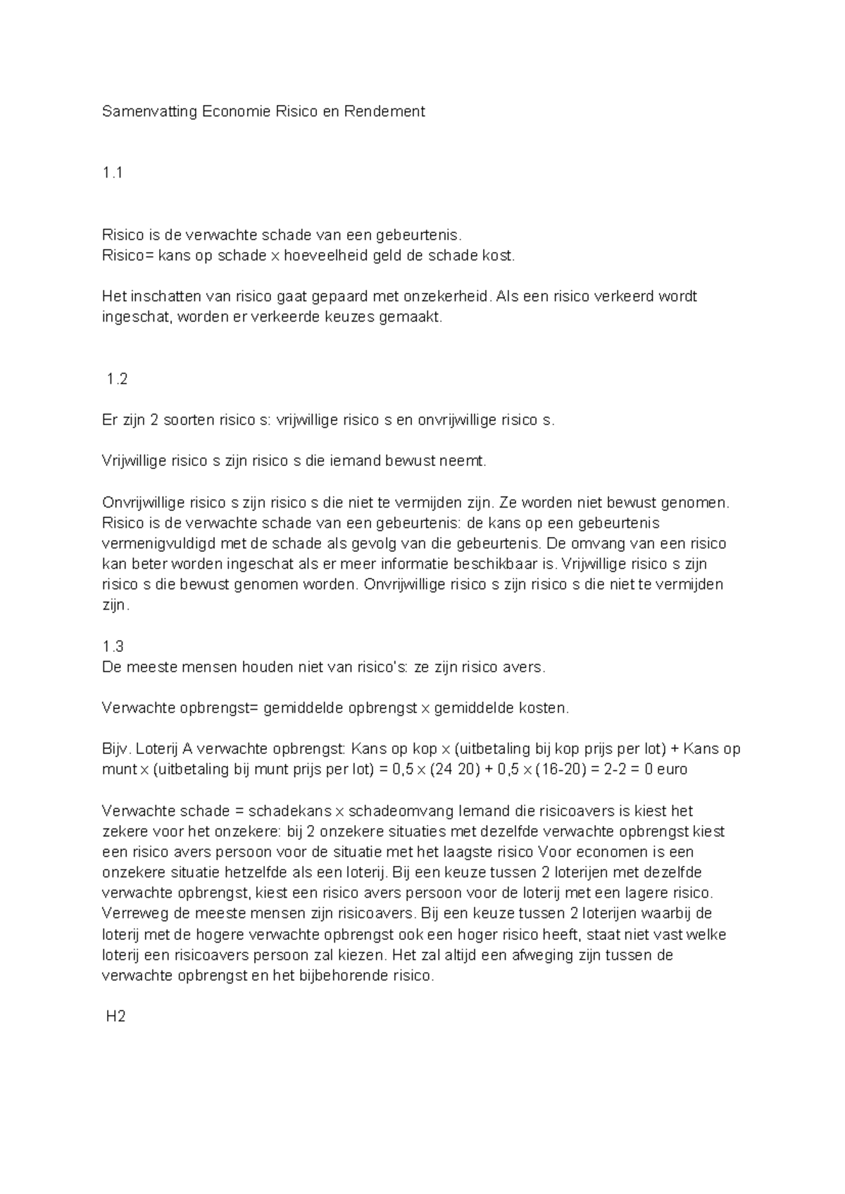 Samenvatting Economie: Risico en Rendement H1-H4 - Studeersnel