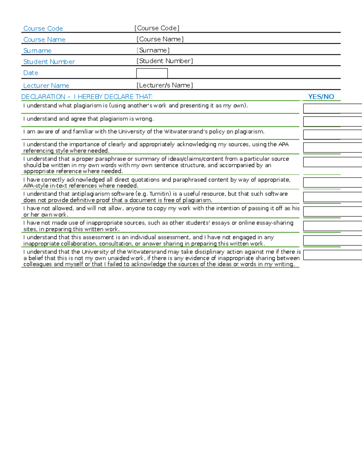 Plagiarism Declaration Form - [Course Code] 2022 - Studocu