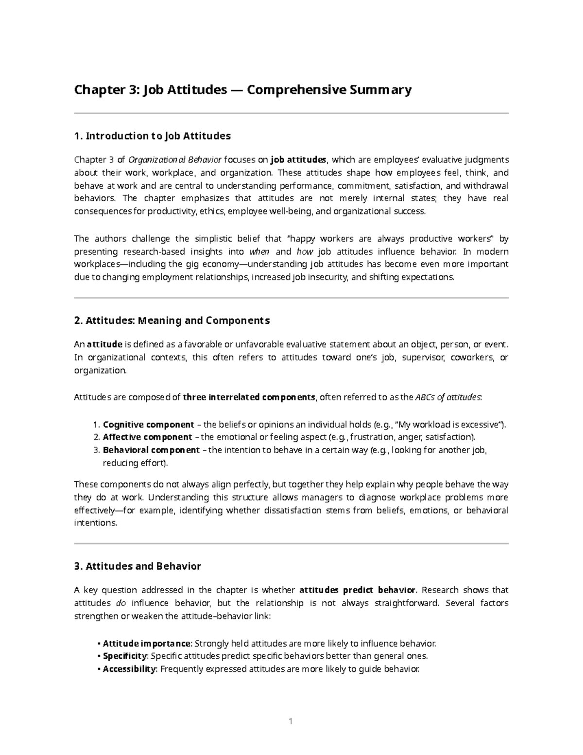 Chapter 3: Job Attitudes - Detailed Summary of Organizational Behavior ...