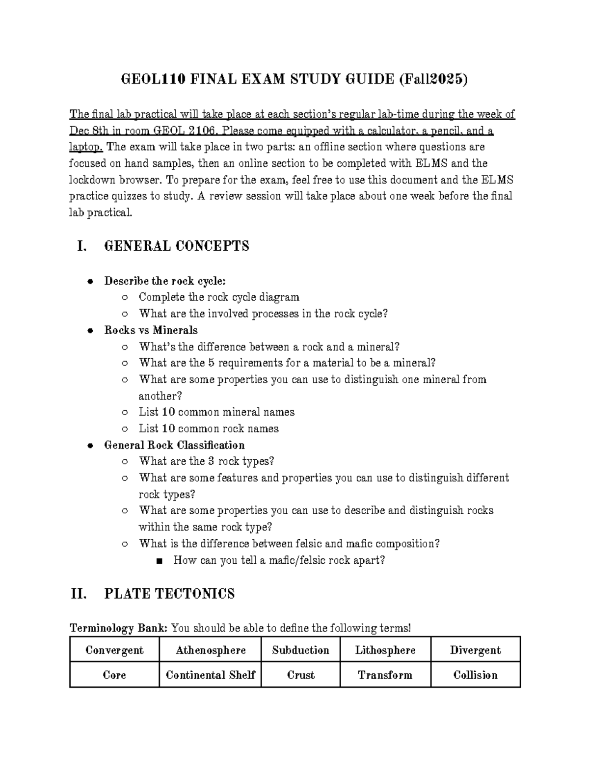 GEOL110 Final Exam Study Guide (Fall 2025) - Studocu