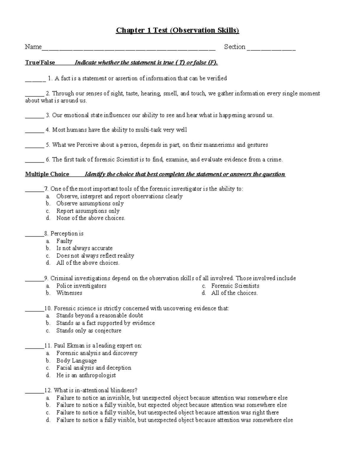 Chapter 1 Test (Observation Skills) - True/False & MCQs - Studocu