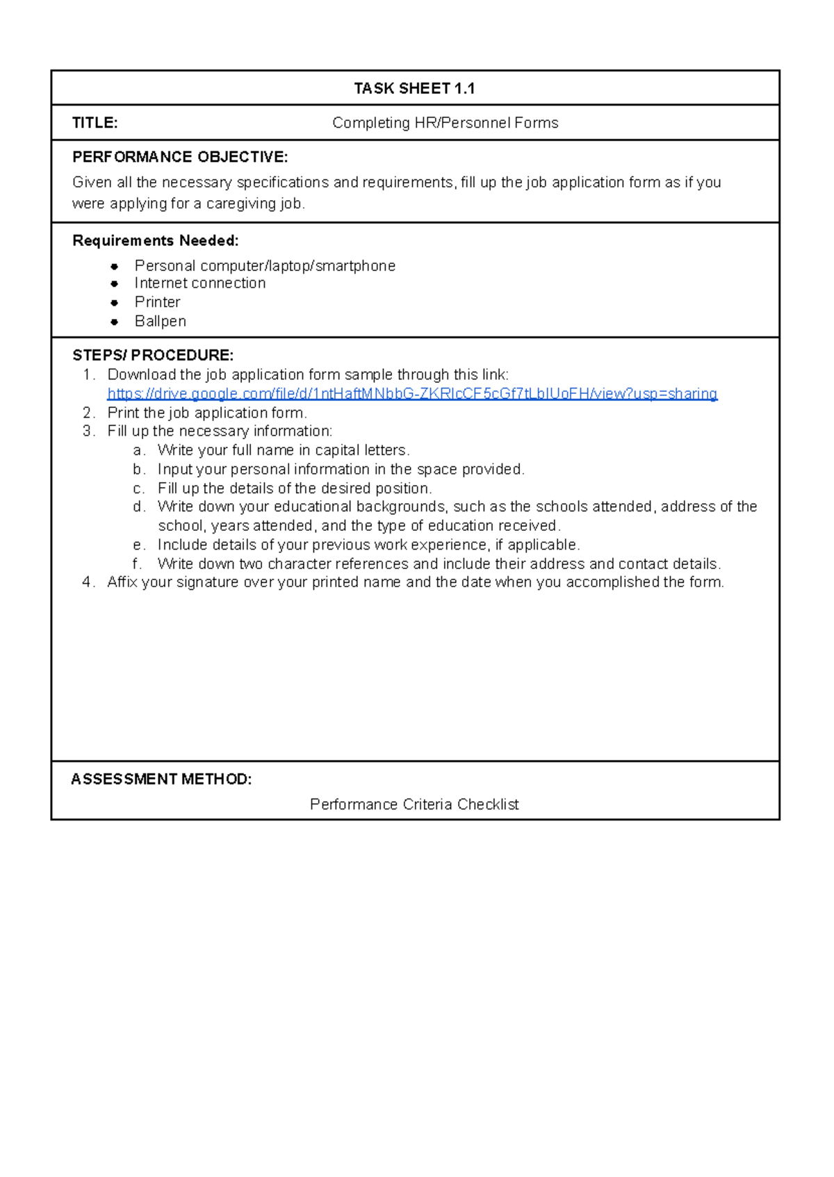 Task Sheet 1.1 Completing HR Personnel Forms.docx - TASK SHEET 1. TITLE ...