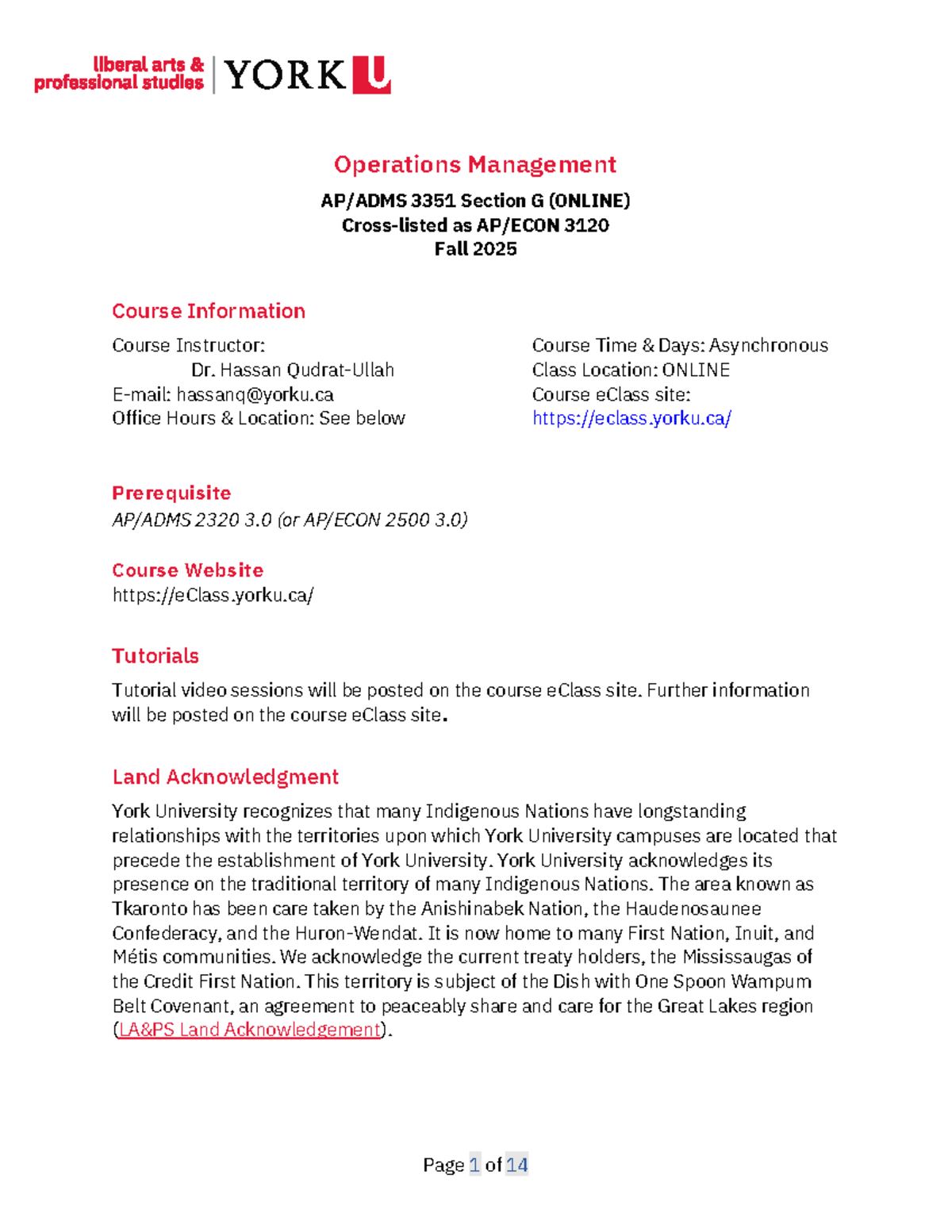 Fall 2025 ADMS 3351 Online Section G Course Outline and Info - Studocu