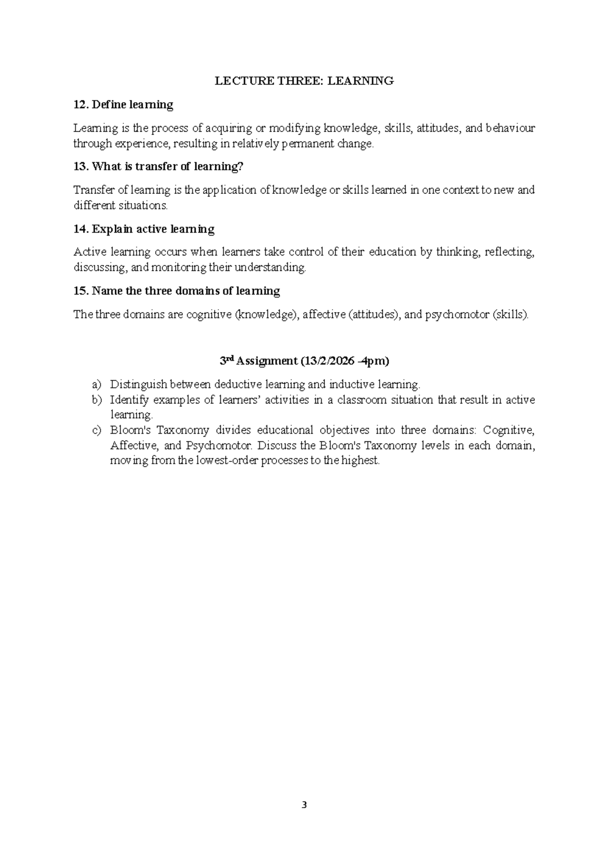 LECTURE 3: LEARNING & ACTIVE LEARNING Q&A - Studocu