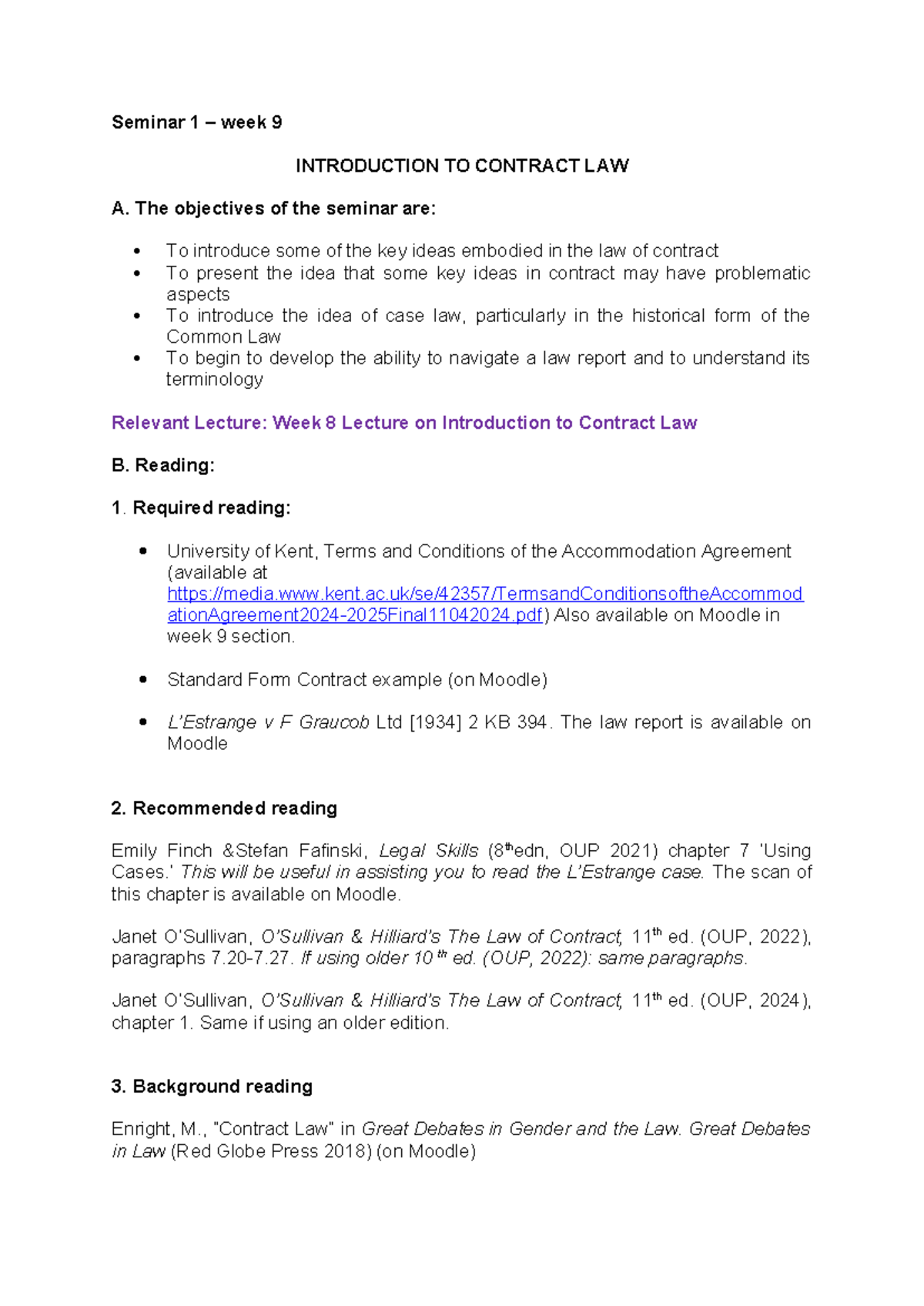 Seminar 1 Week 9: Intro to Contract Law Worksheet 2024 - Studocu