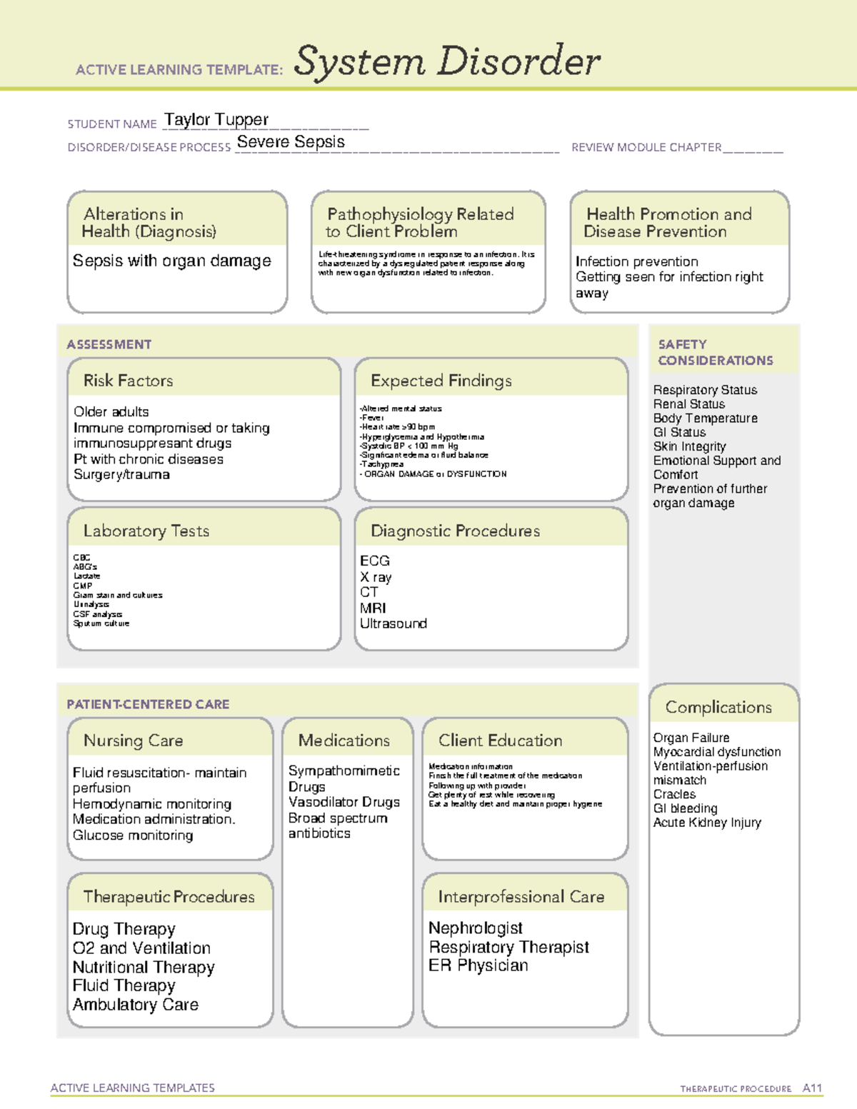 Severe Sepsis Disorder Template: ATI Active Learning Guide - Studocu