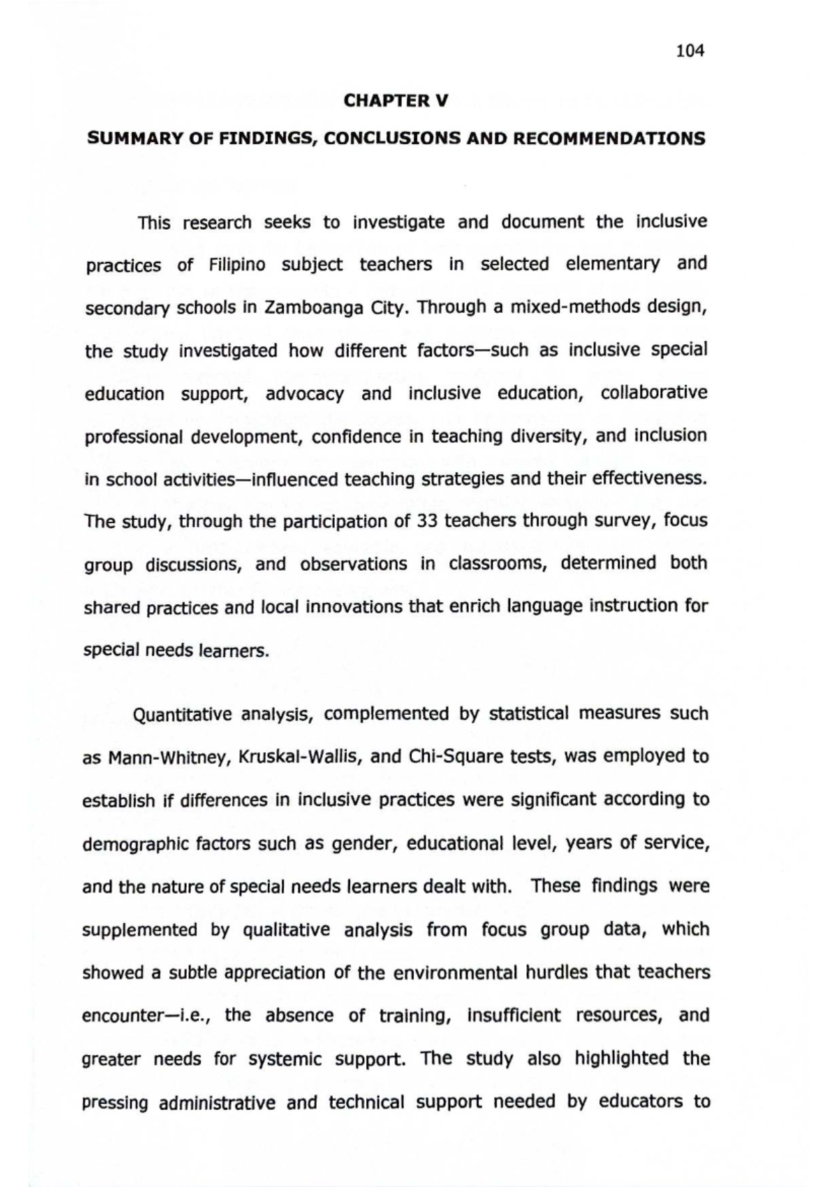 104 CHAPTER V SUMMARY OF FINDINGS AND RECOMMENDATIONS ON INCLUSIVE ...
