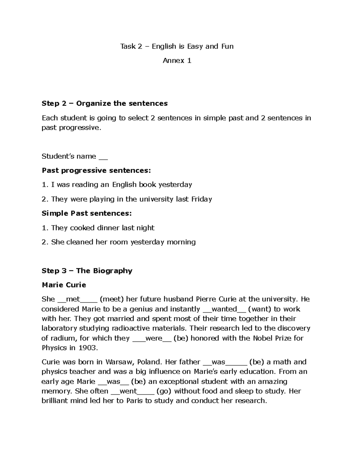 Task 2 - task 2 - Task 2 – English is Easy and Fun Annex 1 Step 2 ...