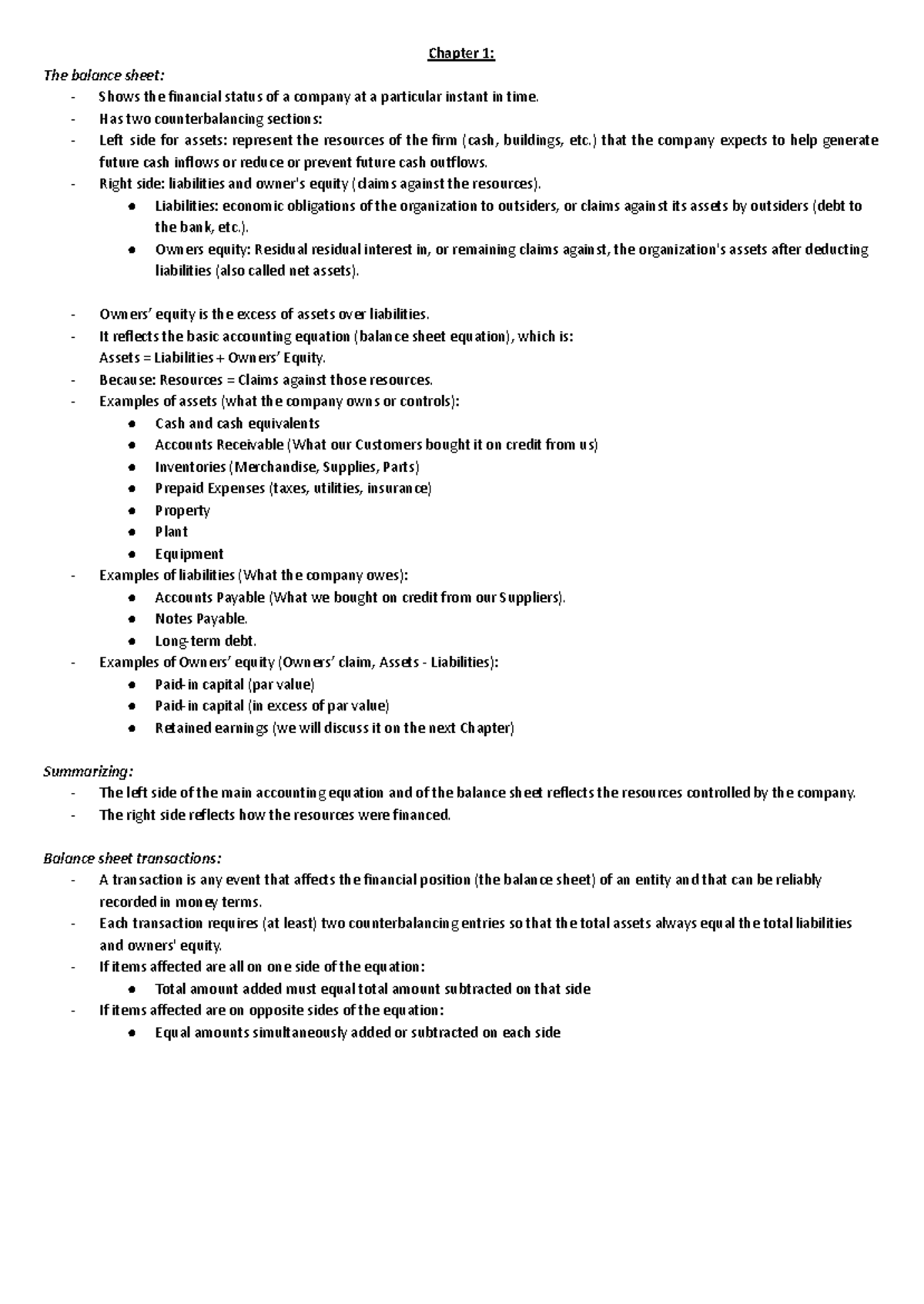Financial Accounting (ACCT 101) Lecture Notes: Balance Sheet & Income ...