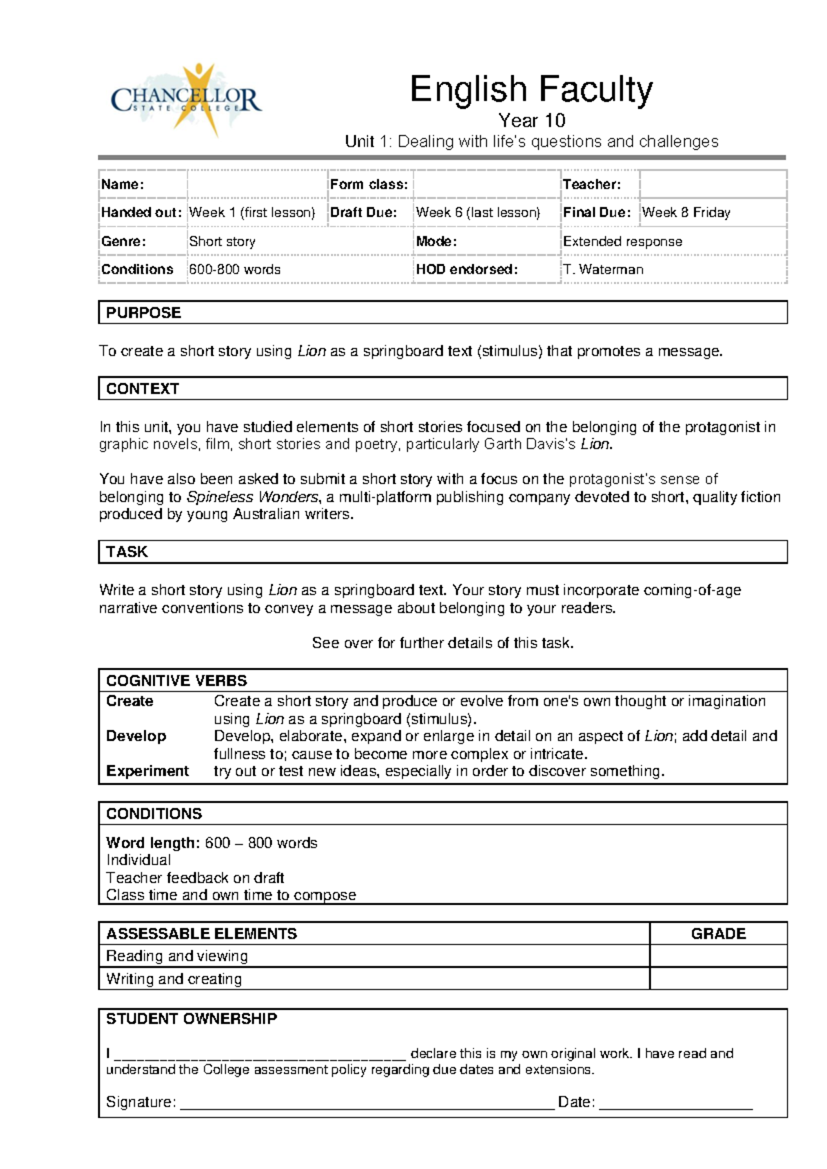 10 English Unit 1 Assignment: Short Story on Belonging (2025) - Studocu