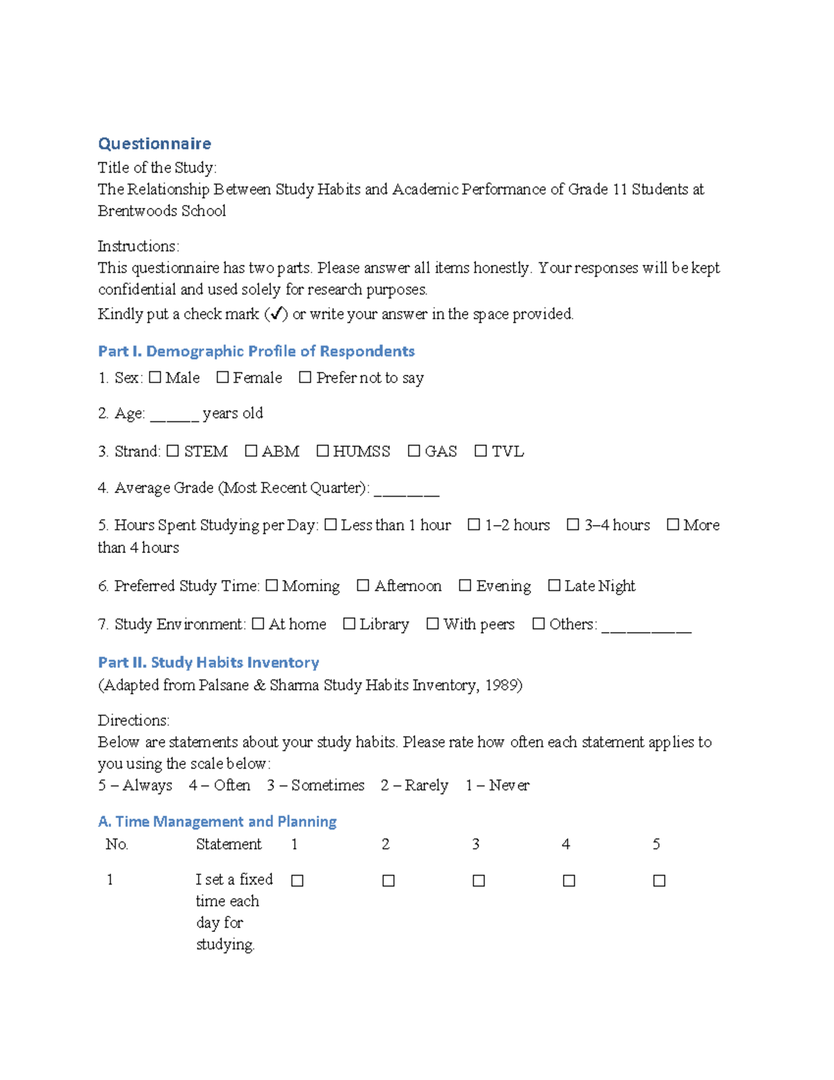 Study Habits Questionnaire: Academic Performance of Grade 11 Students ...