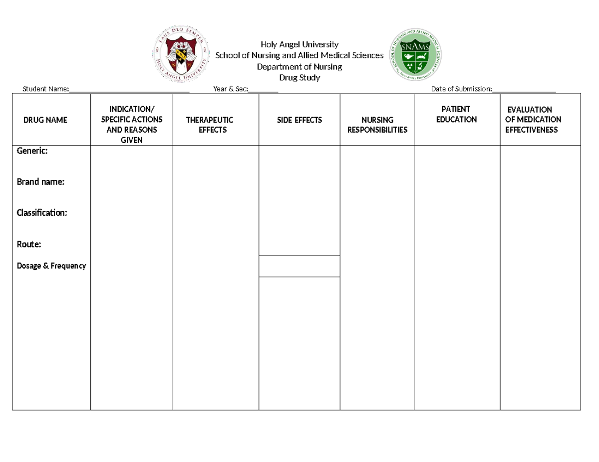 Drug-Study-Template copy 5 - Holy Angel University School of Nursing ...