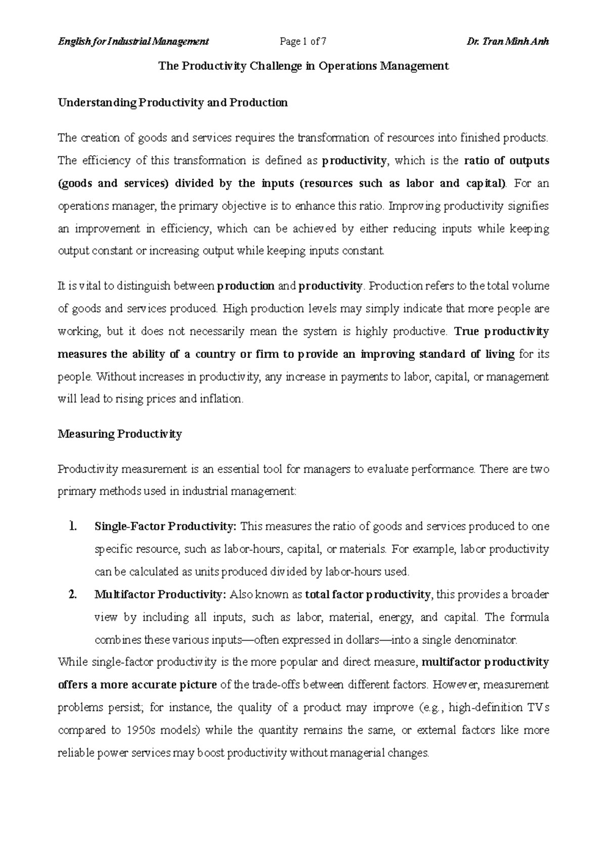 ENG 101: Productivity Worksheet 1 - Understanding Operations Management ...