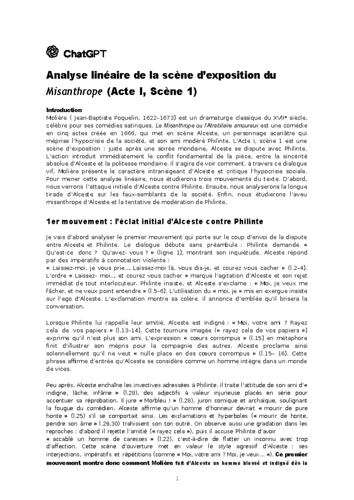 Analyse linéaire de la scène d'exposition du Misanthrope (Acte I, Scène ...