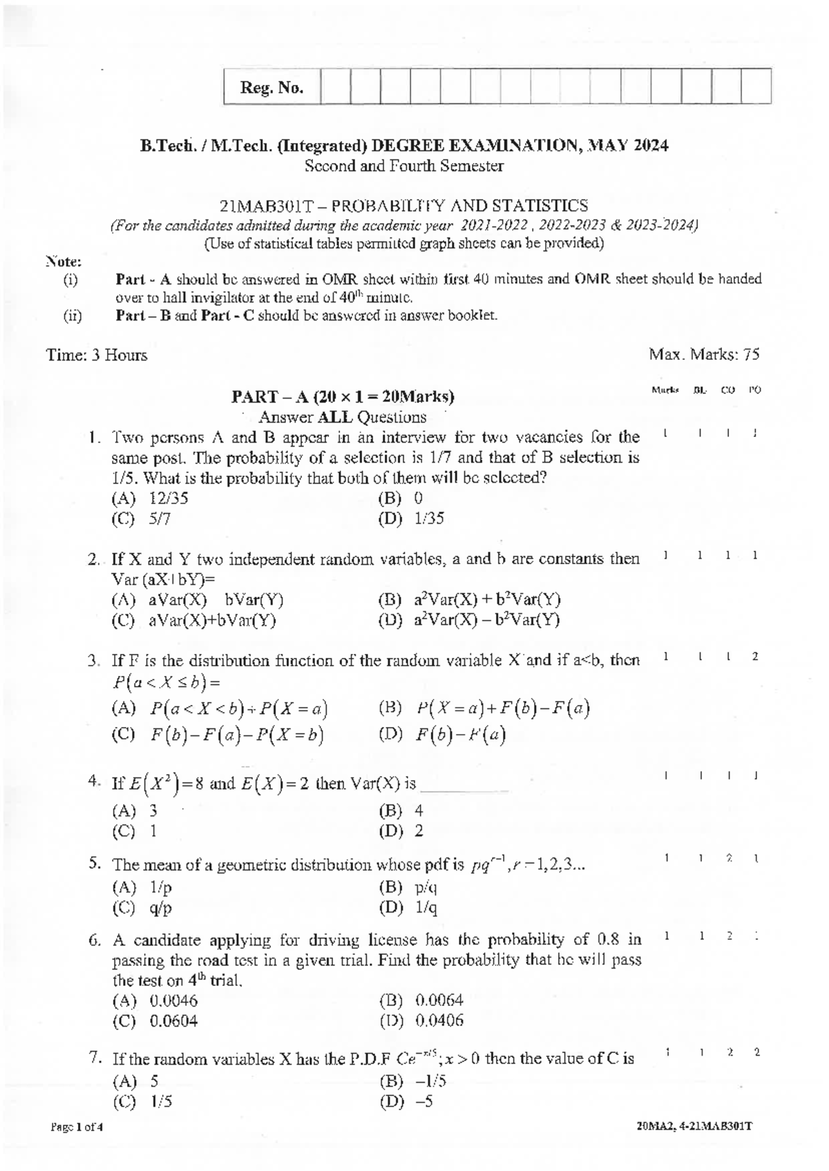 21MAB301T Probability and Statistics Exam Paper - May 2024 - Studocu