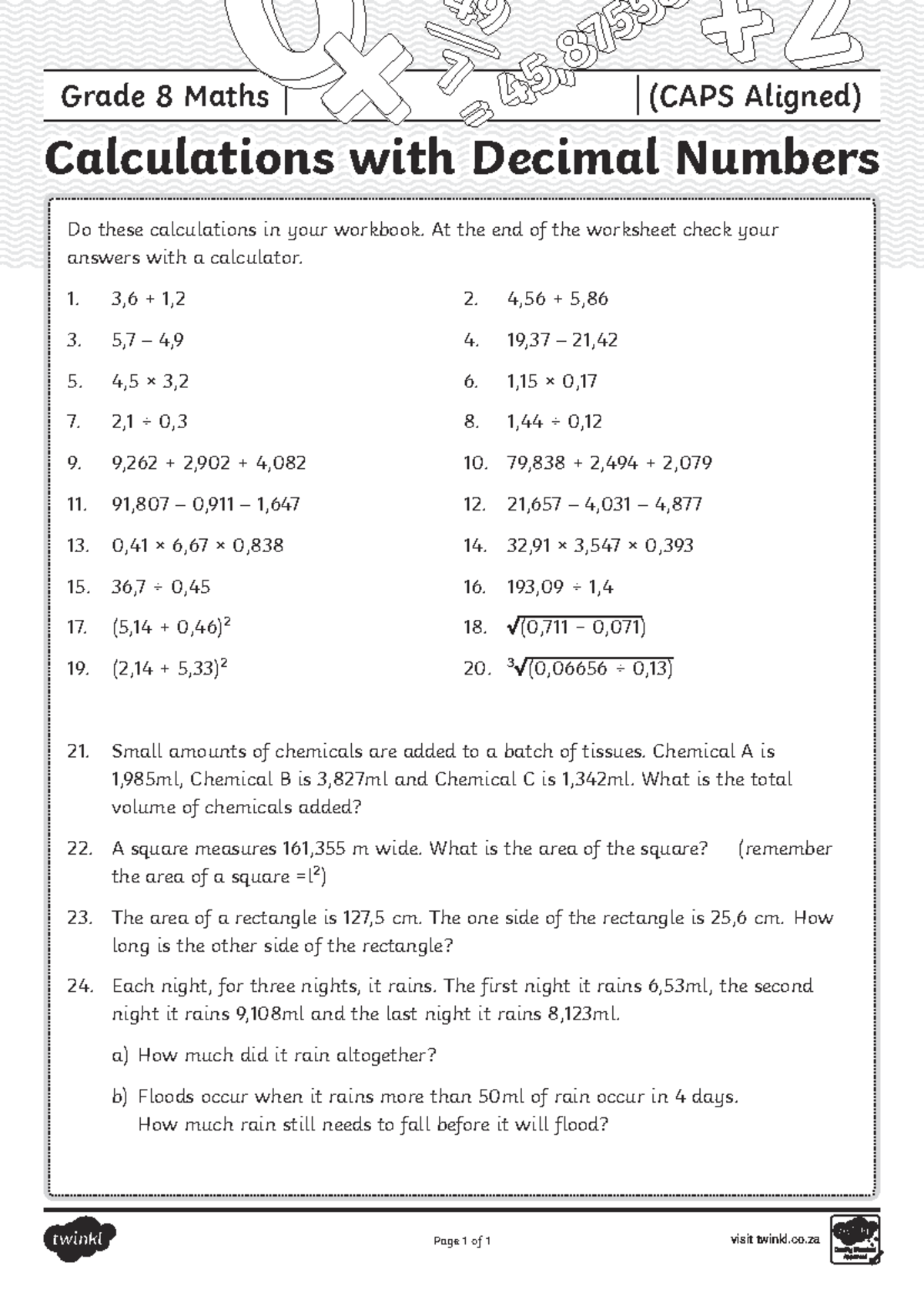 Grade 8 Maths (CAPS) Decimal Calculations Worksheet & Answers - Studocu