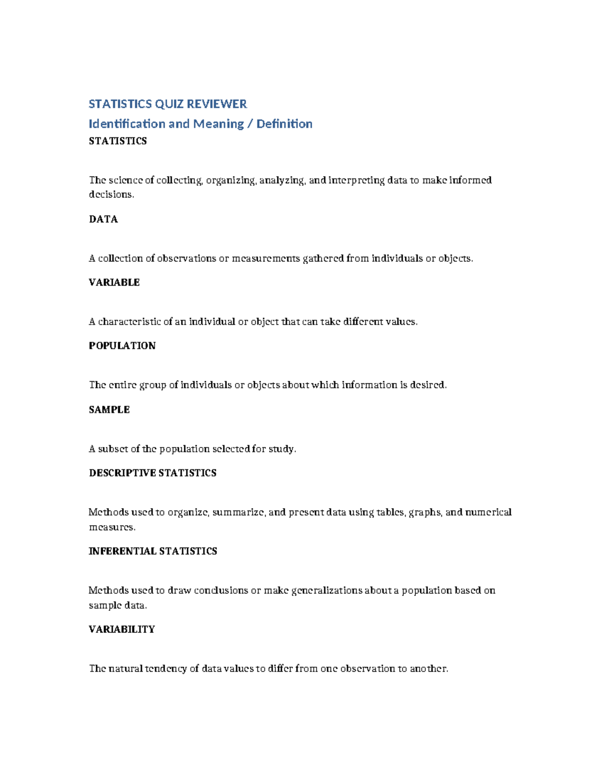 STATISTICS 101 QUIZ REVIEWER: Key Concepts and Definitions - Studocu