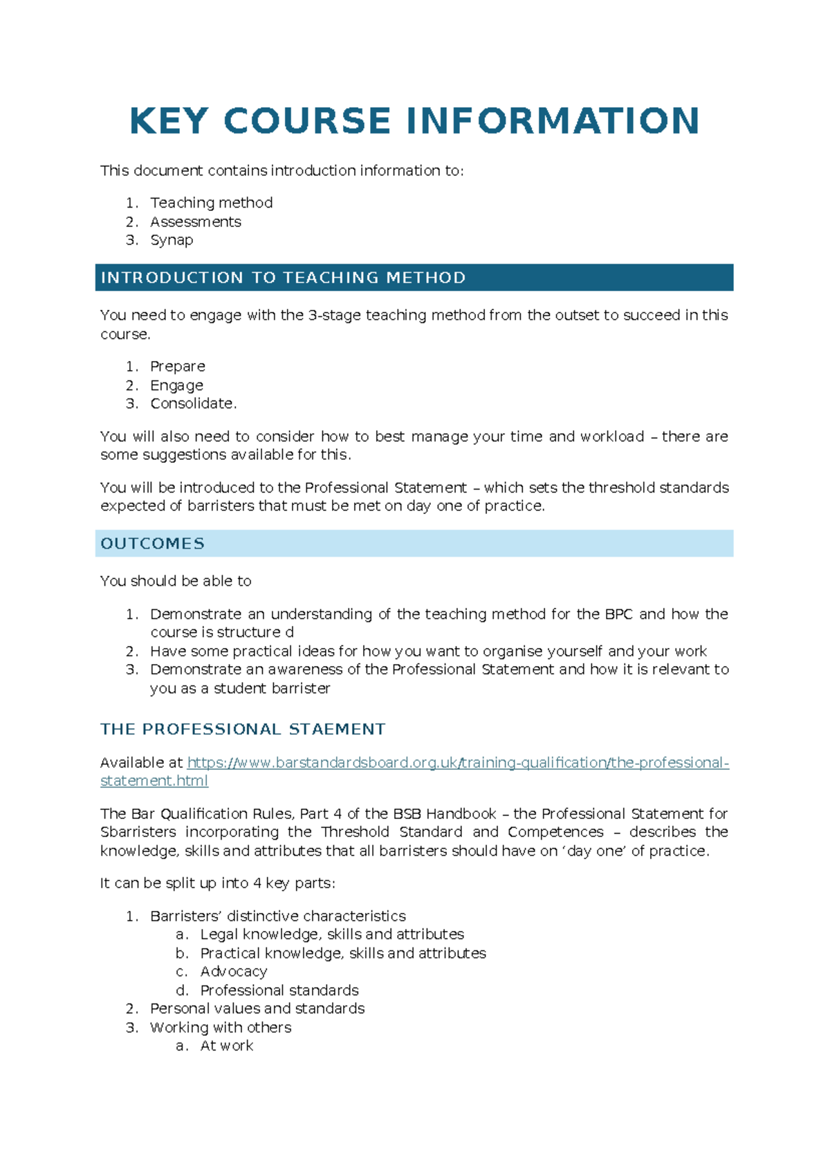 BPC Key Course Info: Teaching Methods, Assessments & Professional ...