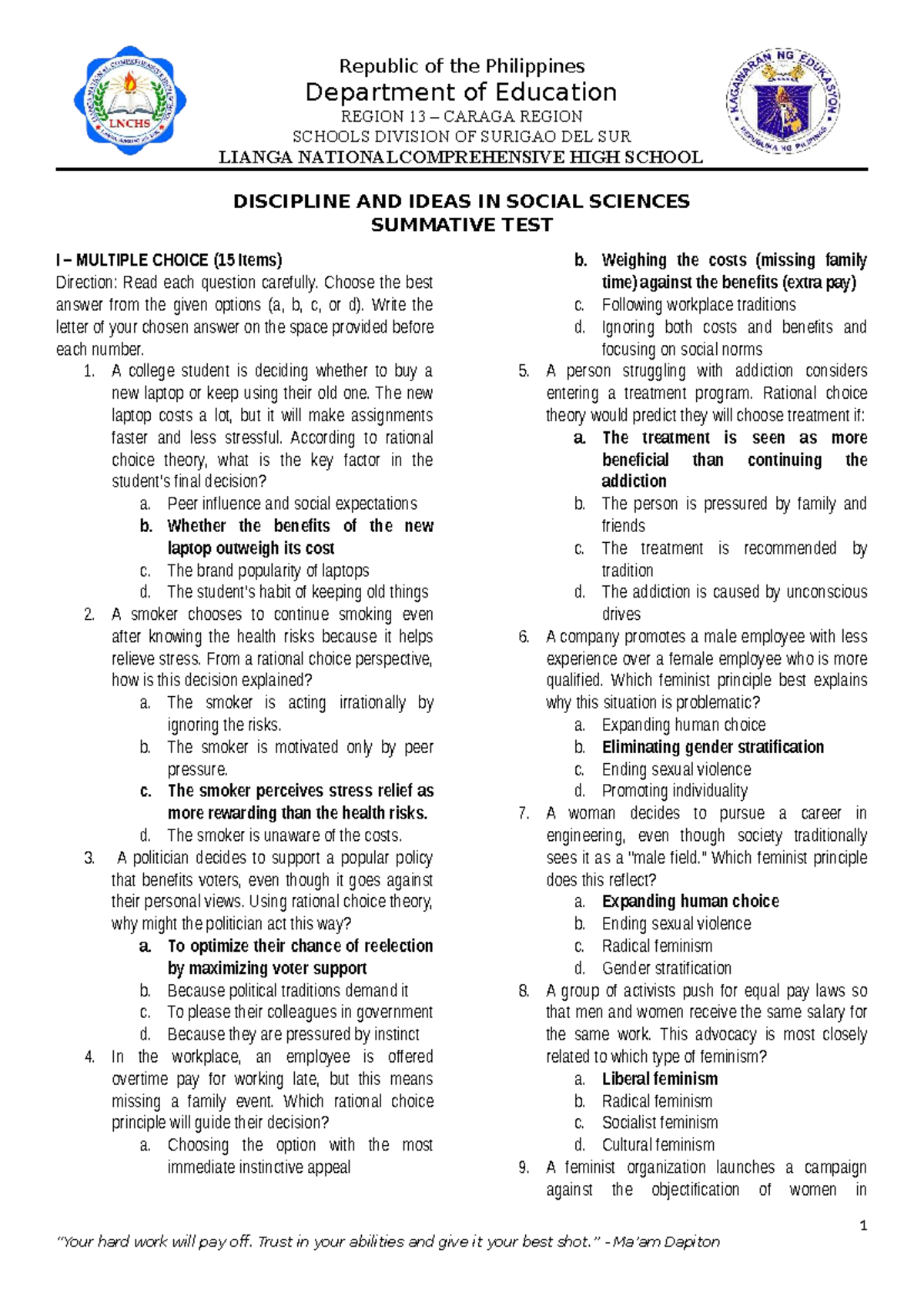 2nd Quarter Summative Test I: Discipline & Ideas in Social Sciences ...