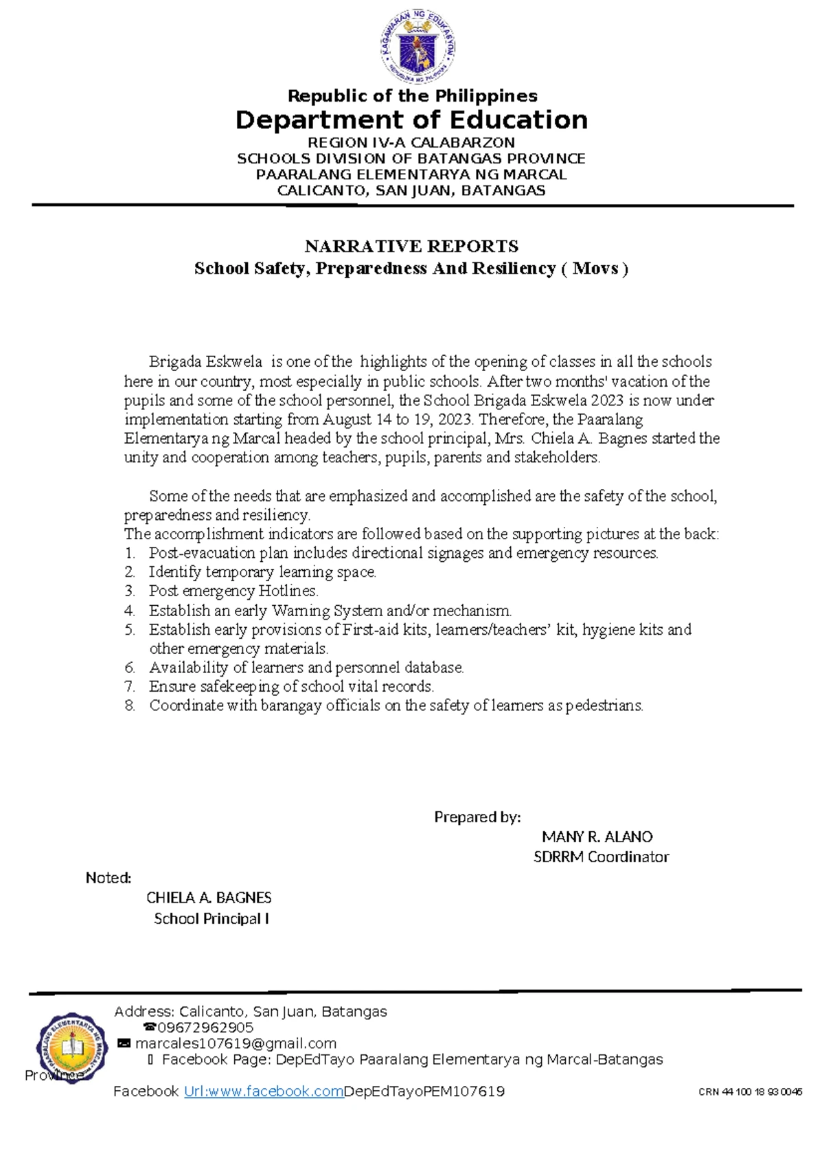 Narrative Report on DRRM: Earthquake & Fire Drill - March 24, 2023 ...