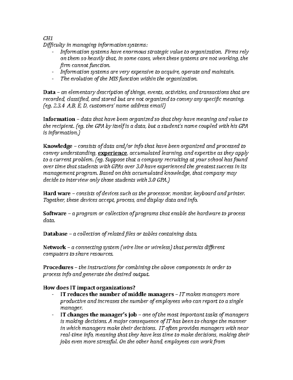 Chapter 1 Summary - CHAPTER 1: Introduction to Information Systems 1 ...