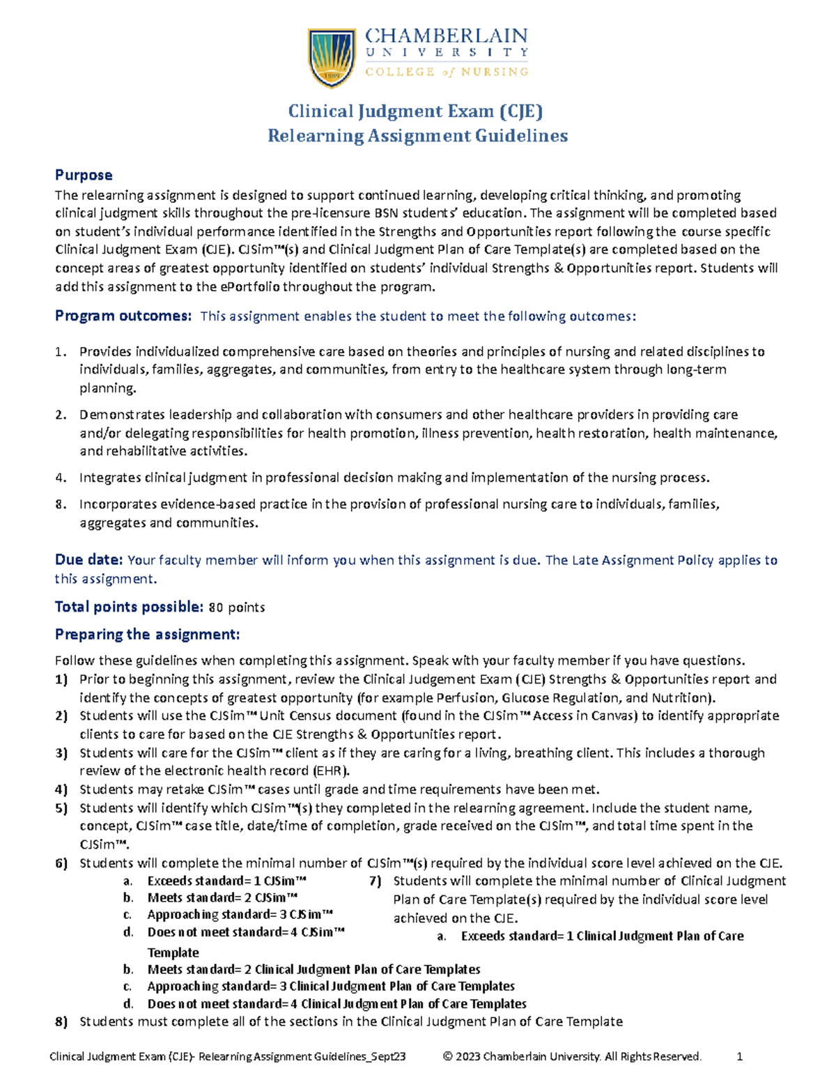 CJE Relearning Assignment Guidelines for BSN Students - Sept 2023 - Studocu