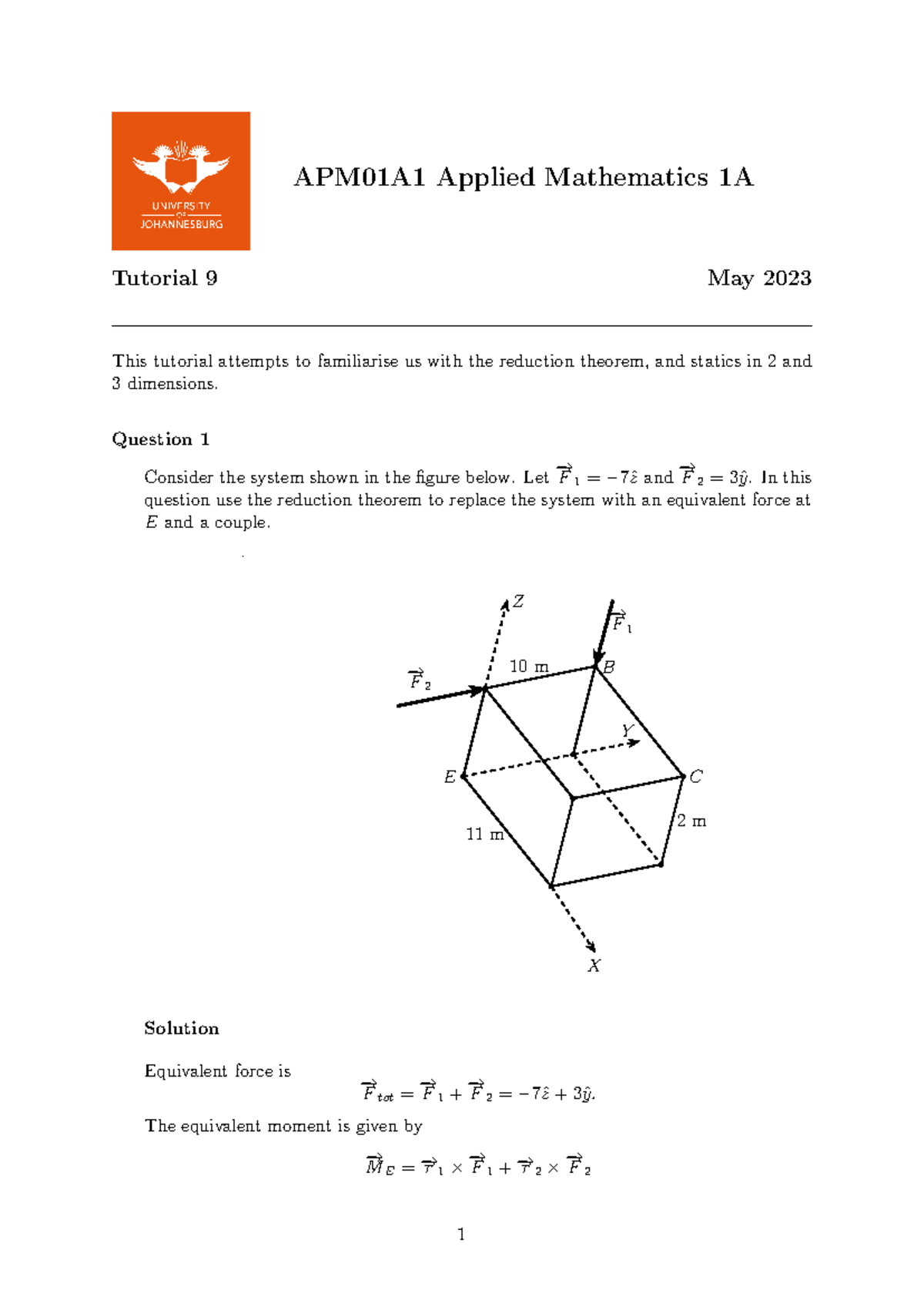 2023apm01a1 tut9 sol - Tut 9 - APM01A1 Applied Mathematics 1A Tutorial ...