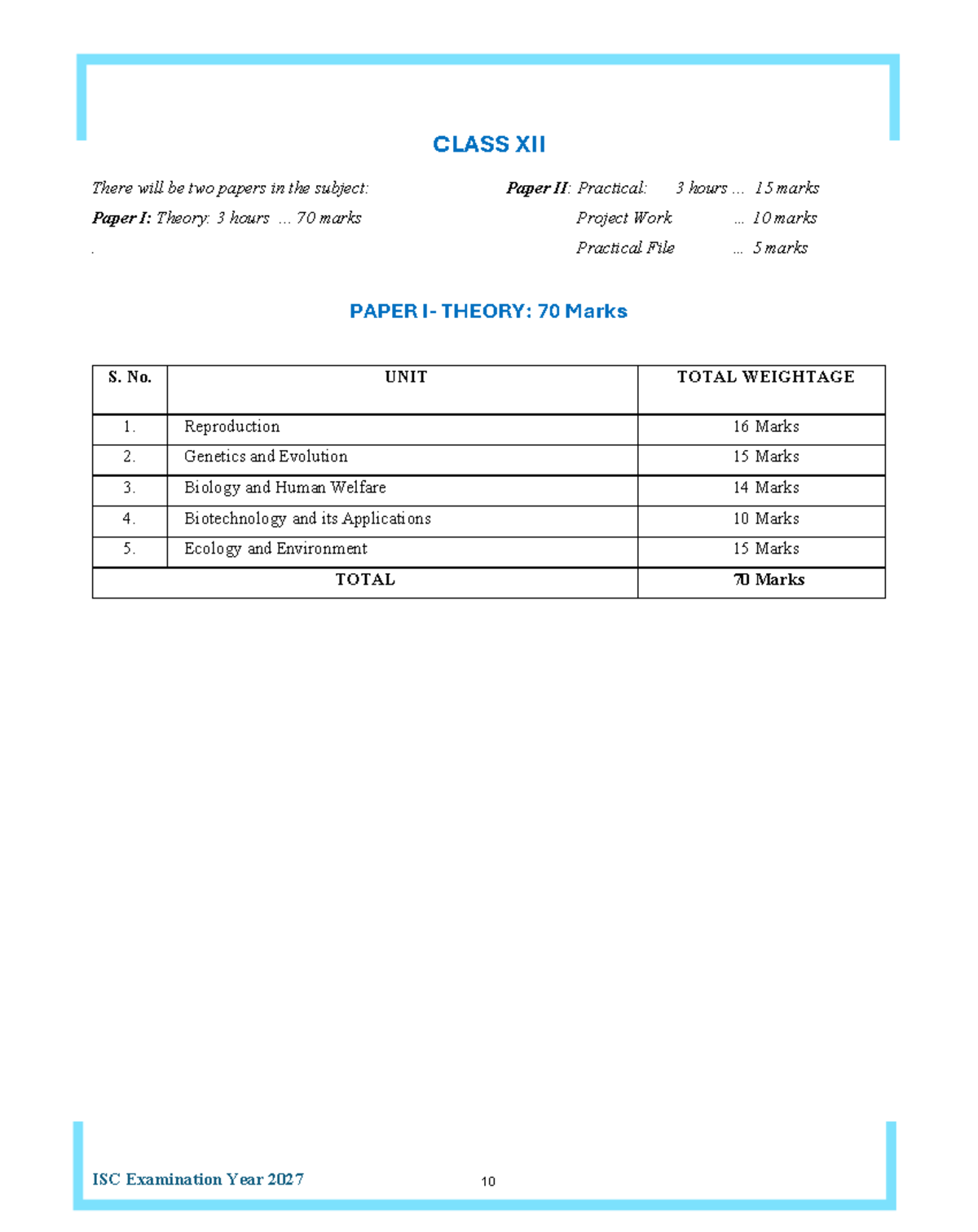 CLASS XII Biology ISC 2027: Practical & Theory Overview - Studocu